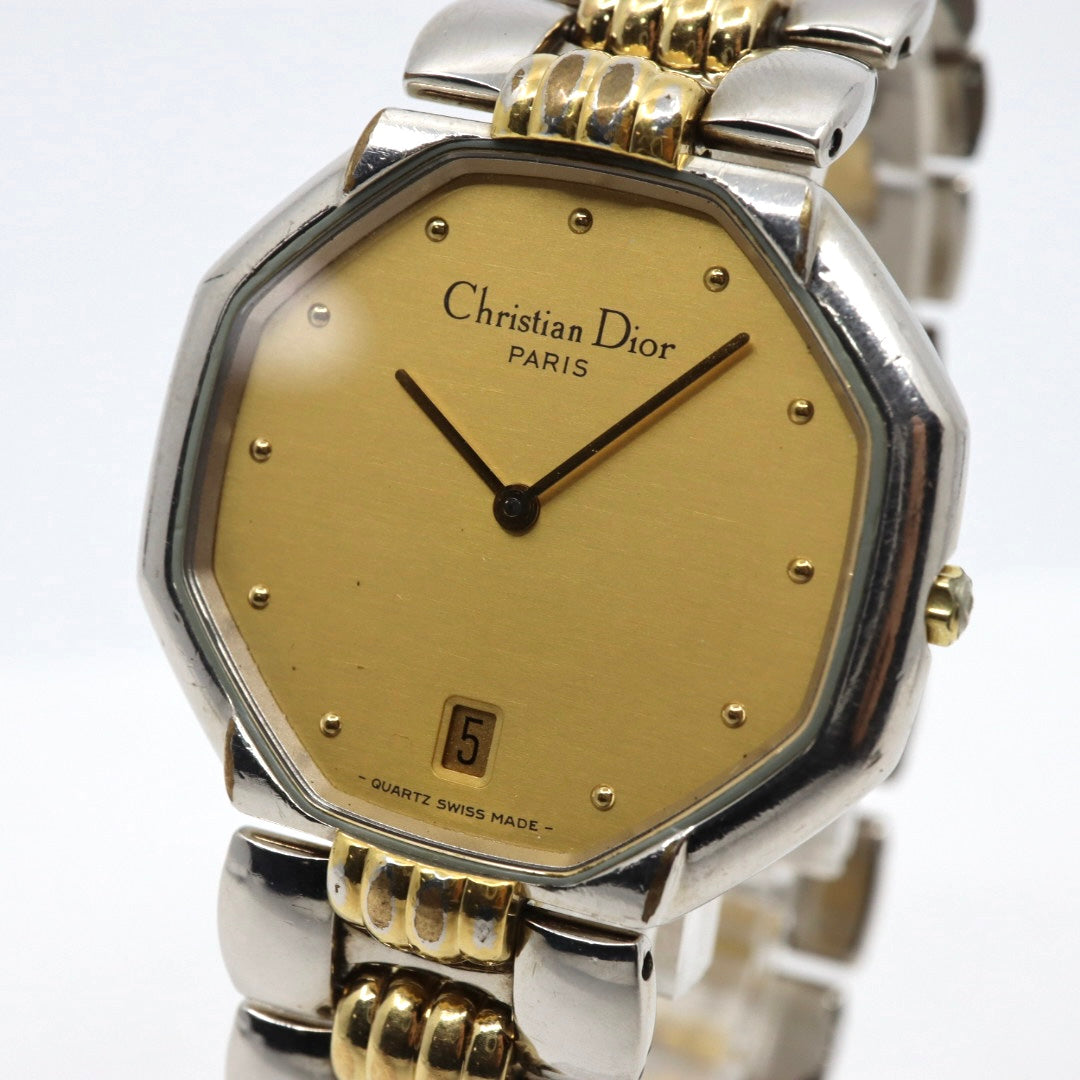 美品 クリスチャンディオール Christian Dior オクタゴン Octagon D45-204 メンズ ボーイズ クォーツ アナログ デイト 3針 コンビカラー ゴールド シルバー 八角形 ビンテージ クラシック レトロ ドレスウォッチ 稼働品 G8