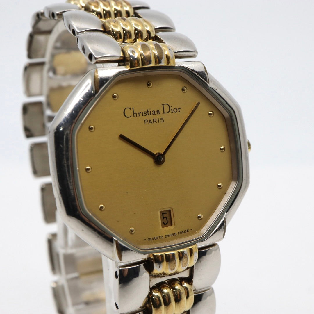美品 クリスチャンディオール Christian Dior オクタゴン Octagon D45-204 メンズ ボーイズ クォーツ アナログ デイト 3針 コンビカラー ゴールド シルバー 八角形 ビンテージ クラシック レトロ ドレスウォッチ 稼働品 G8