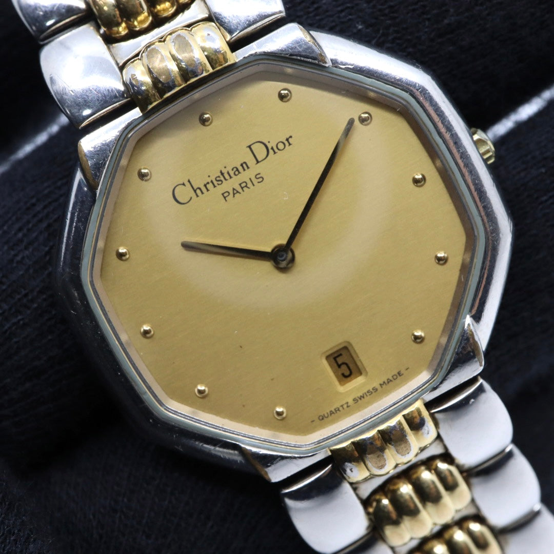 美品 クリスチャンディオール Christian Dior オクタゴン Octagon D45-204 メンズ ボーイズ クォーツ アナログ デイト 3針 コンビカラー ゴールド シルバー 八角形 ビンテージ クラシック レトロ ドレスウォッチ 稼働品 G8