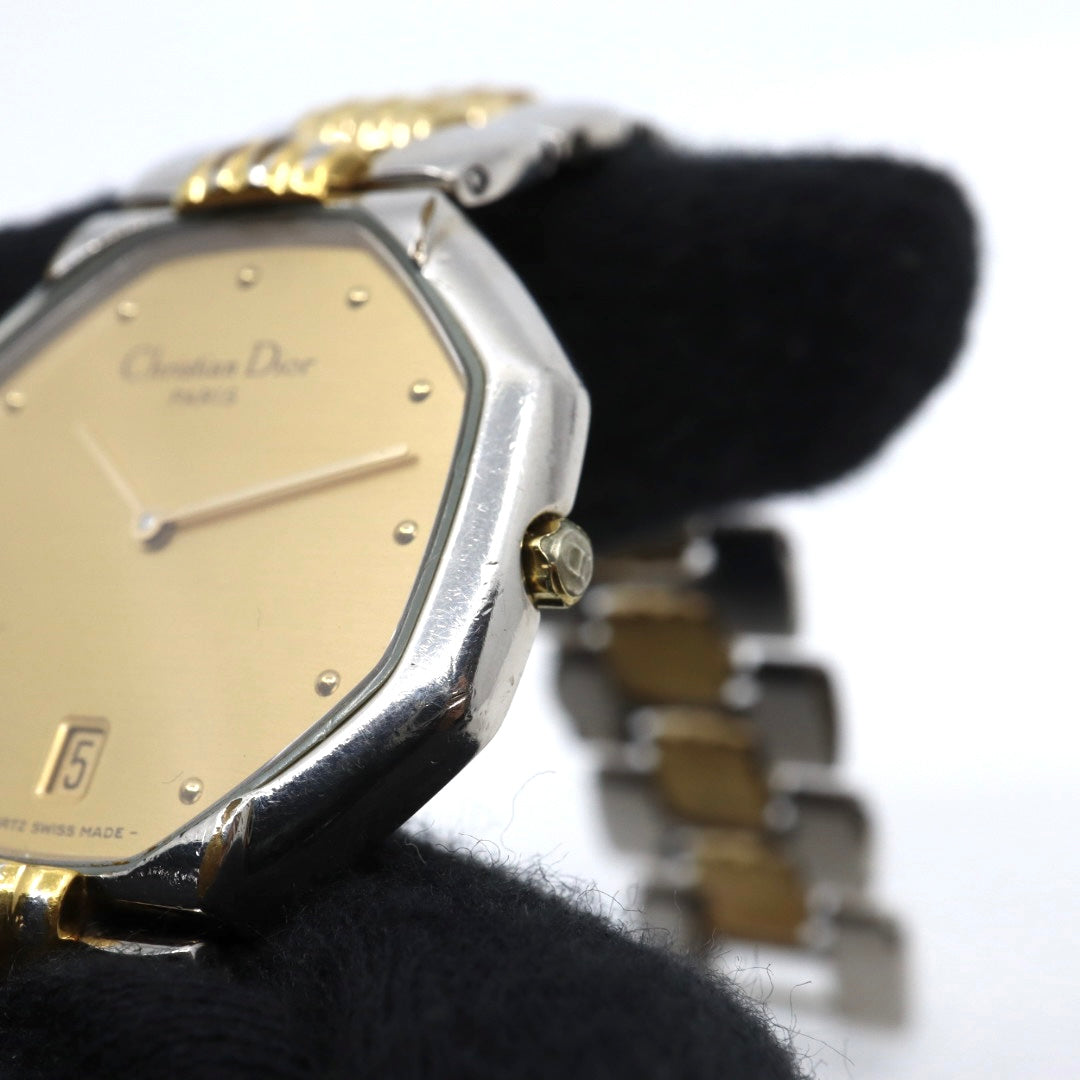 美品 クリスチャンディオール Christian Dior オクタゴン Octagon D45-204 メンズ ボーイズ クォーツ アナログ デイト 3針 コンビカラー ゴールド シルバー 八角形 ビンテージ クラシック レトロ ドレスウォッチ 稼働品 G8
