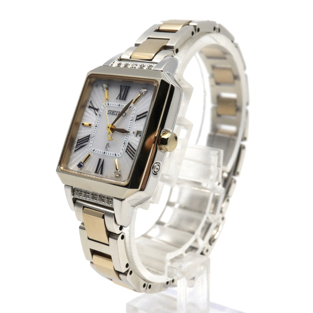 【未使用級／稼働品】セイコー ルキア LUKIAYASE プロデュース 限定モデル SSVW105 1B32-0AP0 ソーラー電波 ダイヤモンド サファイア 白蝶貝 スクエア レディース 腕時計 コンビ 希少 レア クリーニング済 G8