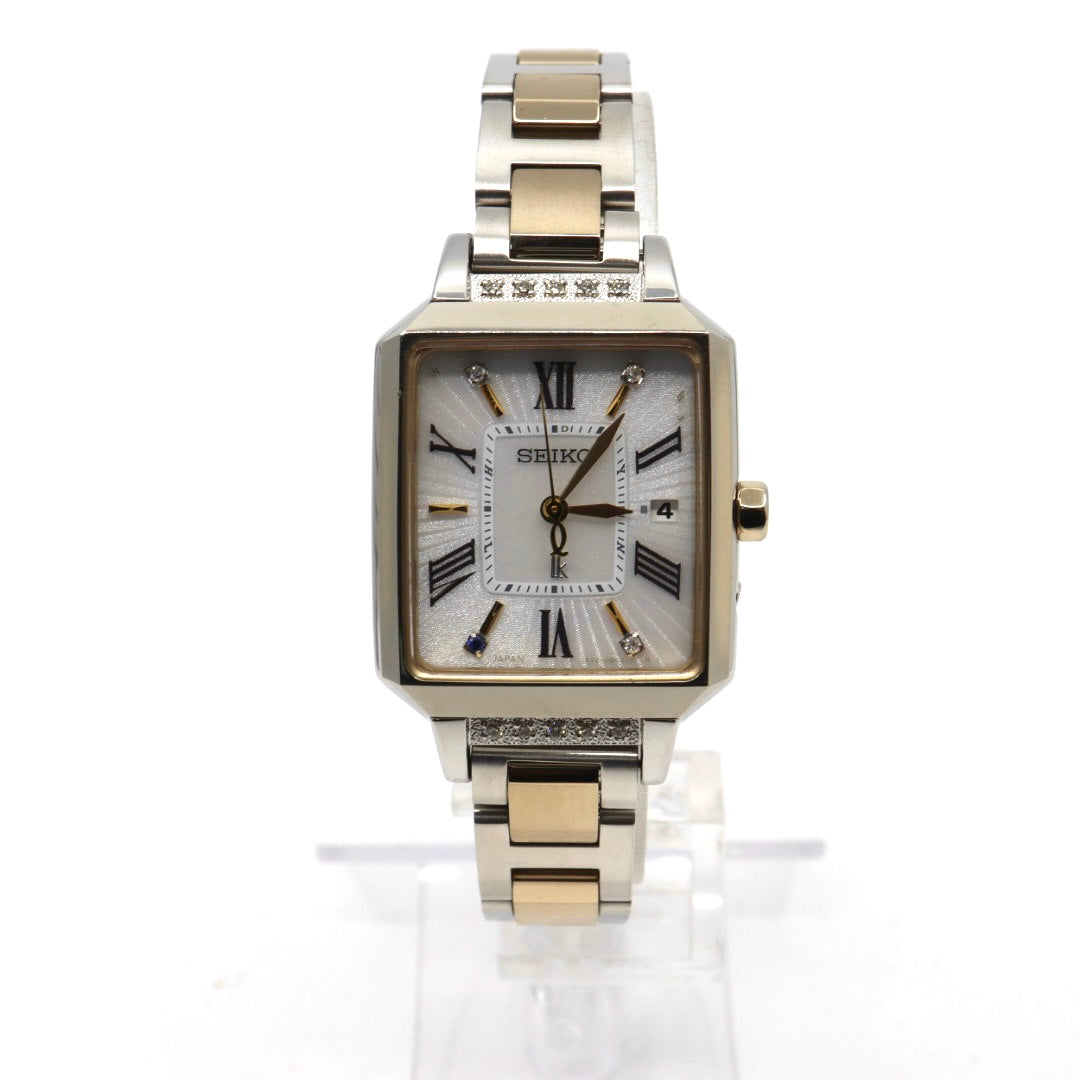 【未使用級／稼働品】セイコー ルキア LUKIAYASE プロデュース 限定モデル SSVW105 1B32-0AP0 ソーラー電波 ダイヤモンド サファイア 白蝶貝 スクエア レディース 腕時計 コンビ 希少 レア クリーニング済 G8