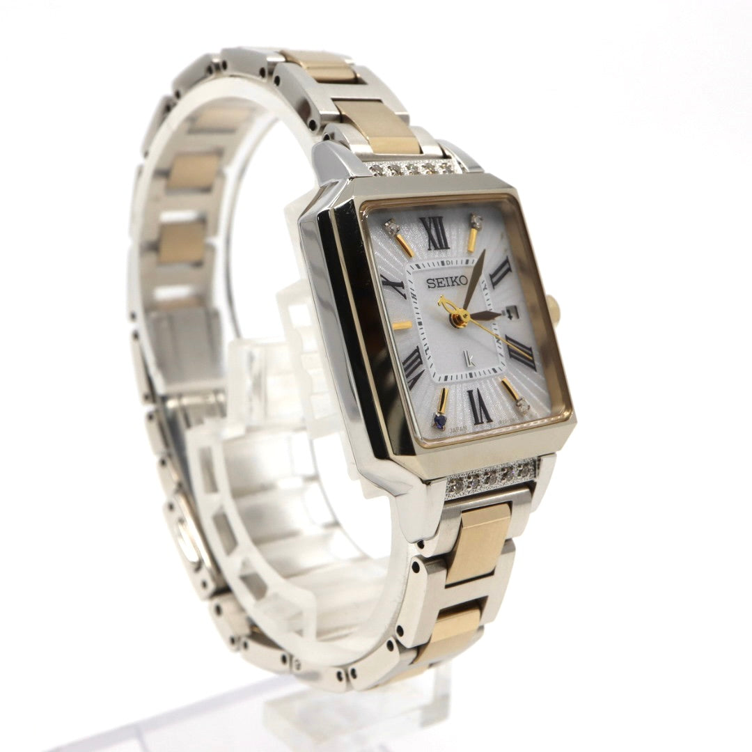 【未使用級／稼働品】セイコー ルキア LUKIAYASE プロデュース 限定モデル SSVW105 1B32-0AP0 ソーラー電波 ダイヤモンド サファイア 白蝶貝 スクエア レディース 腕時計 コンビ 希少 レア クリーニング済 G8