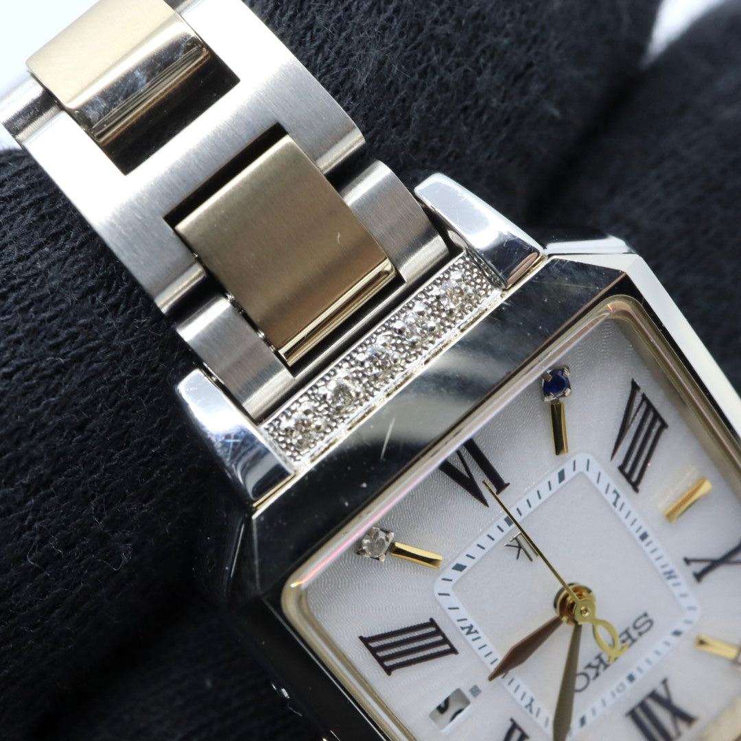 【未使用級／稼働品】セイコー ルキア LUKIAYASE プロデュース 限定モデル SSVW105 1B32-0AP0 ソーラー電波 ダイヤモンド サファイア 白蝶貝 スクエア レディース 腕時計 コンビ 希少 レア クリーニング済 G8