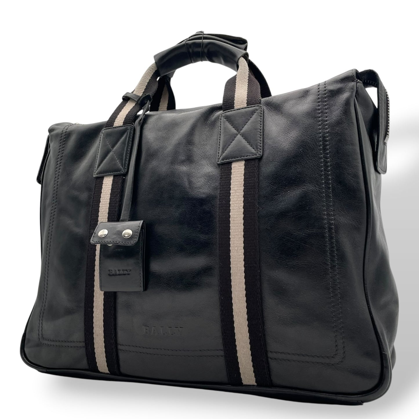 【良品】 バリー BALLY トートバッグ ビジネスバッグ ブリーフケース レザー 本革 ブラック 黒 トレインスポッティング ストライプ A4収納可 大容量 鍵 クロシェット 鍵付き メンズ 通勤 出張 定番 人気 鞄 かばん カバン U15