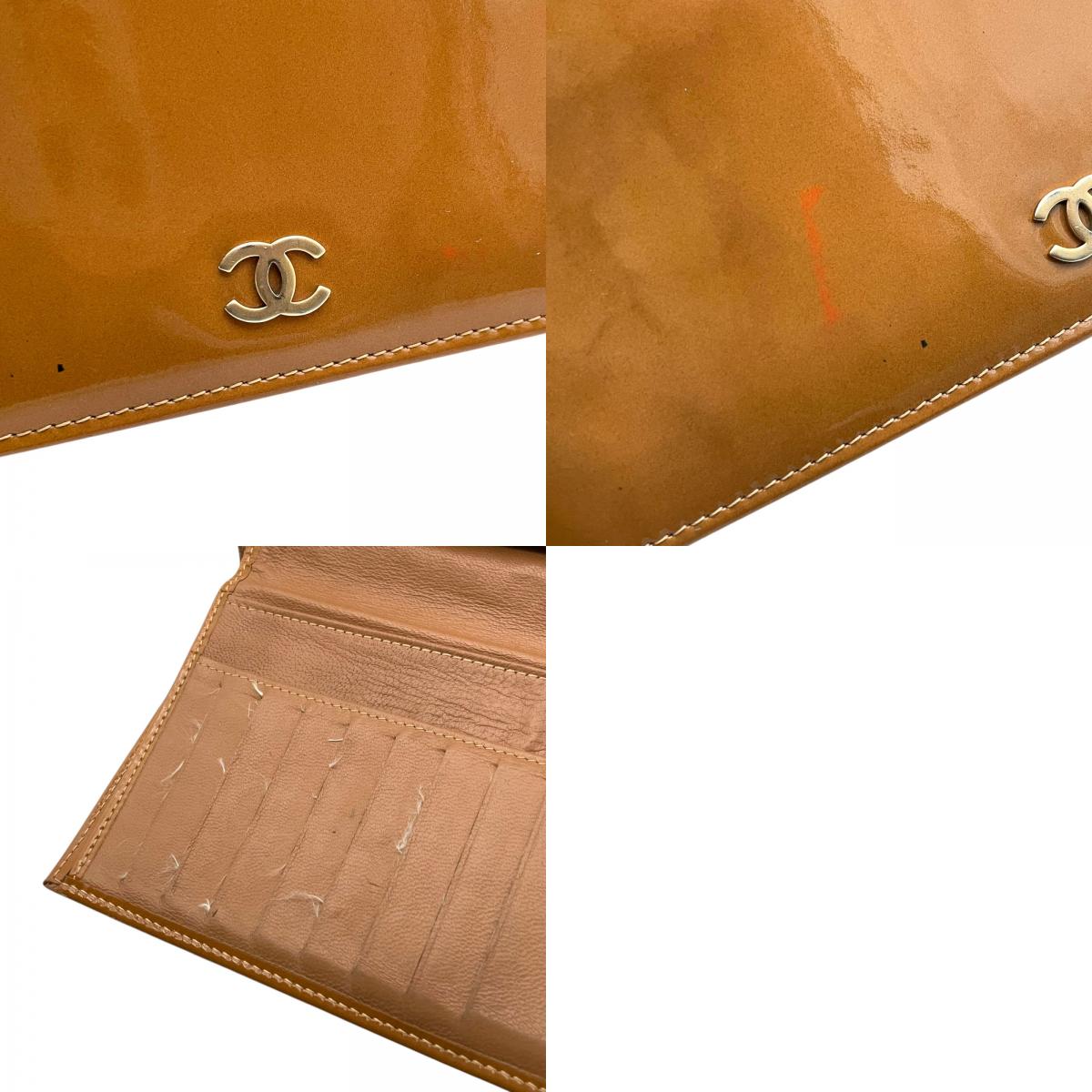CHANEL シャネル タイムレスCC パテントレザー 二つ折り長財布 ブラウン ゴールド金具 ココマーク エナメル ロングウォレット レディース M5