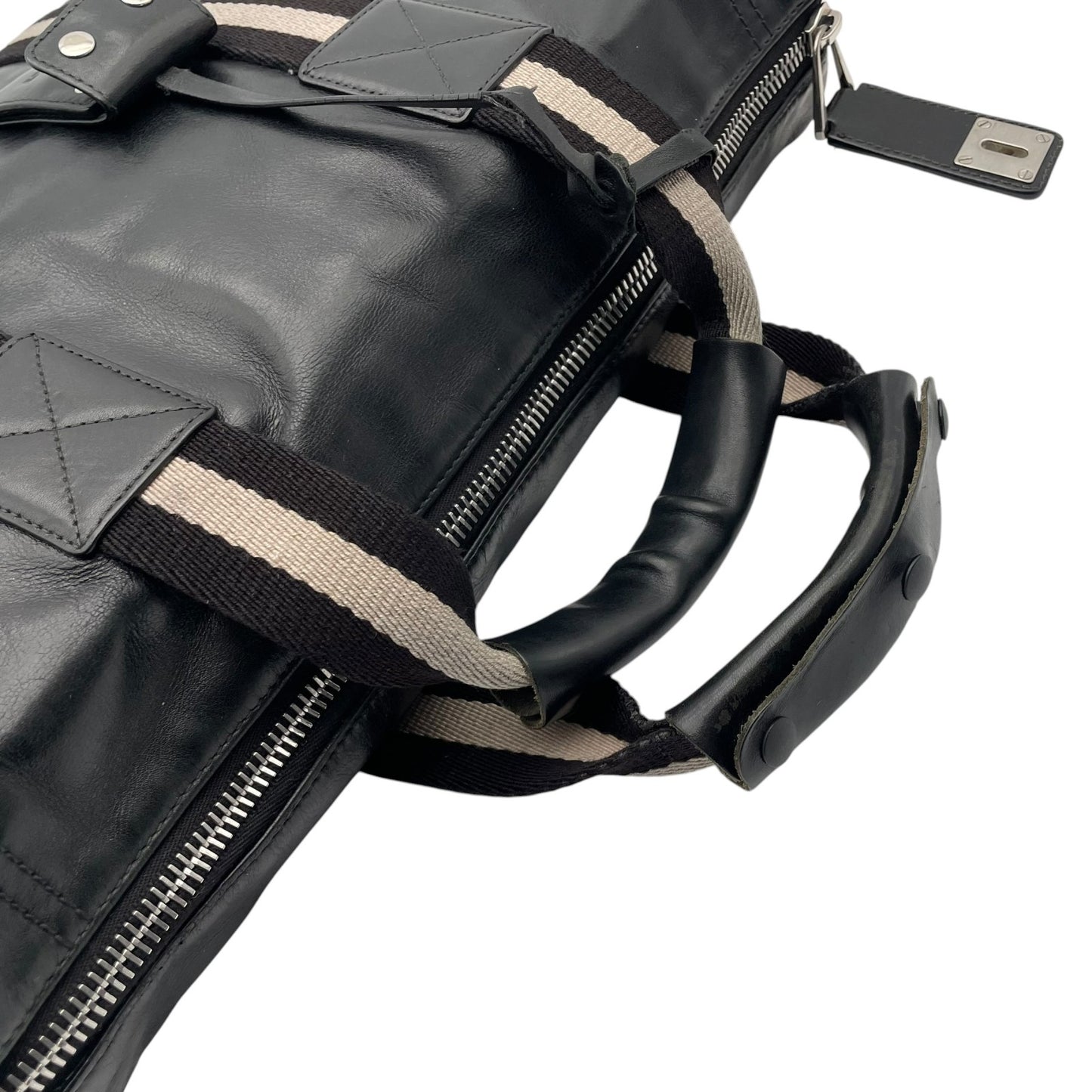 【良品】 バリー BALLY トートバッグ ビジネスバッグ ブリーフケース レザー 本革 ブラック 黒 トレインスポッティング ストライプ A4収納可 大容量 鍵 クロシェット 鍵付き メンズ 通勤 出張 定番 人気 鞄 かばん カバン U15