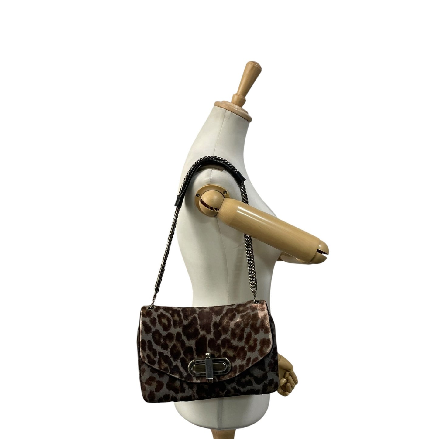【美品】 バリー BALLY ショルダーバッグ ワンショルダー チェーン LANNI ランニ ハラコ レオパード ヒョウ柄 アニマル グレー ブラウン 茶 ゴールド金具 エレガント 上品 高級感 パーティー お出かけ レディース 定番 人気 鞄 カバン E