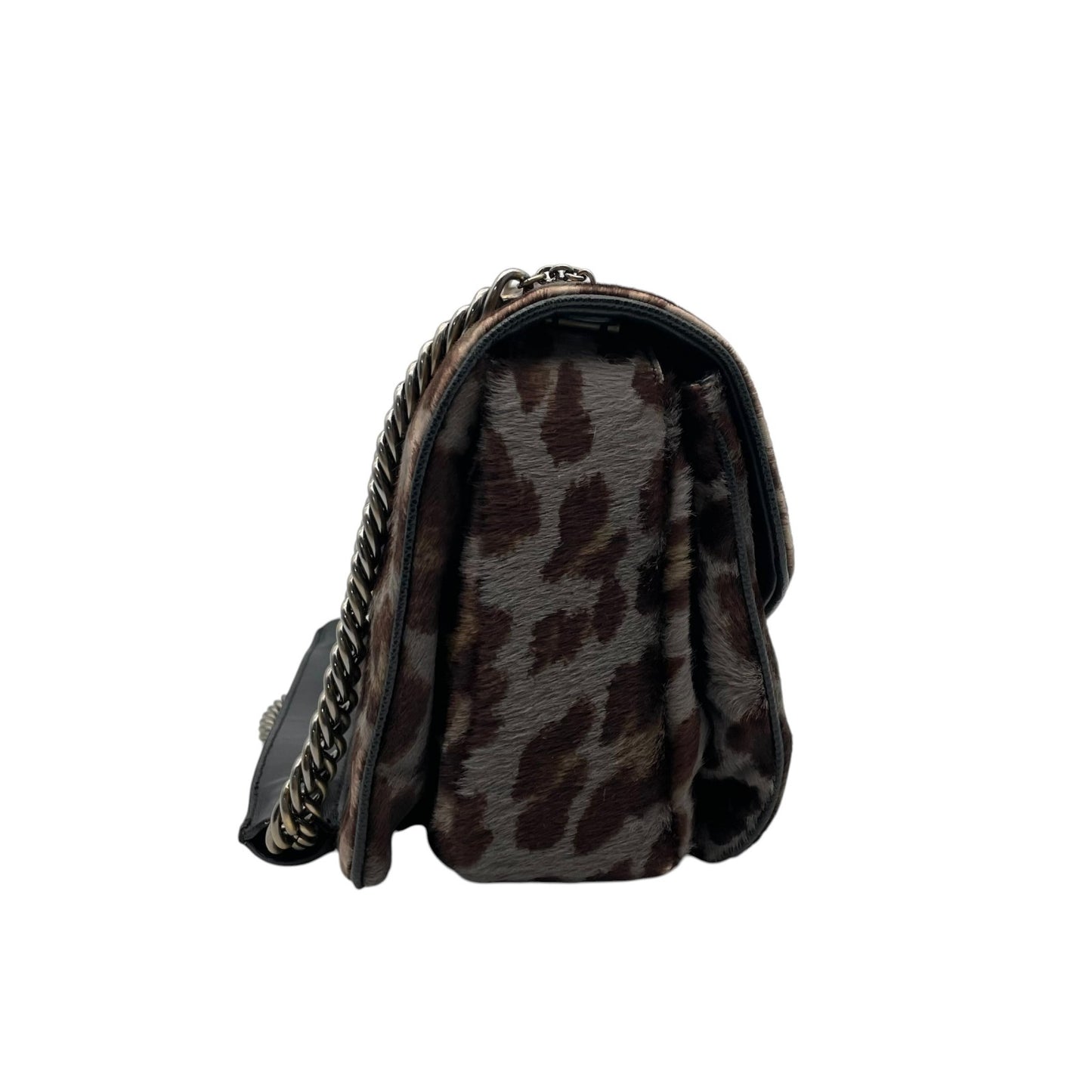 【美品】 バリー BALLY ショルダーバッグ ワンショルダー チェーン LANNI ランニ ハラコ レオパード ヒョウ柄 アニマル グレー ブラウン 茶 ゴールド金具 エレガント 上品 高級感 パーティー お出かけ レディース 定番 人気 鞄 カバン E