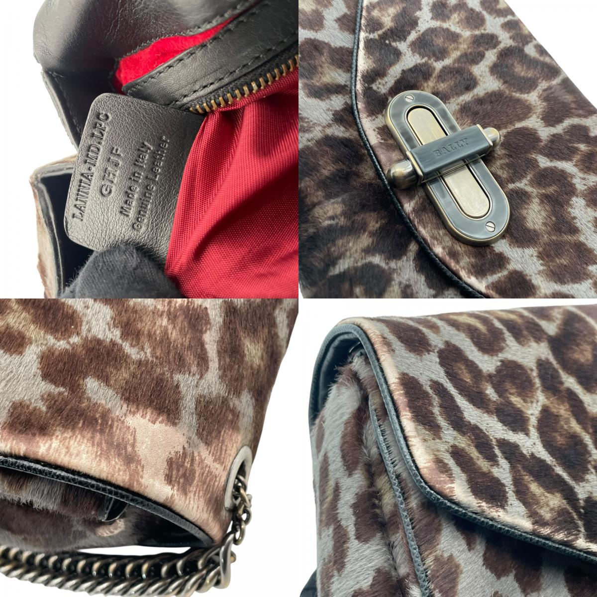 【美品】 バリー BALLY ショルダーバッグ ワンショルダー チェーン LANNI ランニ ハラコ レオパード ヒョウ柄 アニマル グレー ブラウン 茶 ゴールド金具 エレガント 上品 高級感 パーティー お出かけ レディース 定番 人気 鞄 カバン E