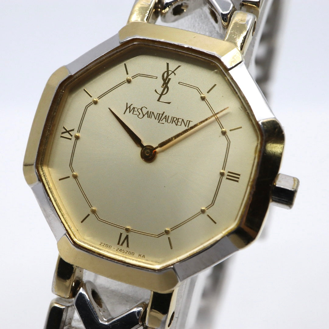 【電池交換済】美品 イヴサンローラン Yves Saint Laurent オクタゴン 2200-241762 レディース 腕時計 クォーツ コンビ ゴールド シルバー YSLロゴベルト 八角形 ビンテージ レトロ クラシック ドレスウォッチ 上品 G7