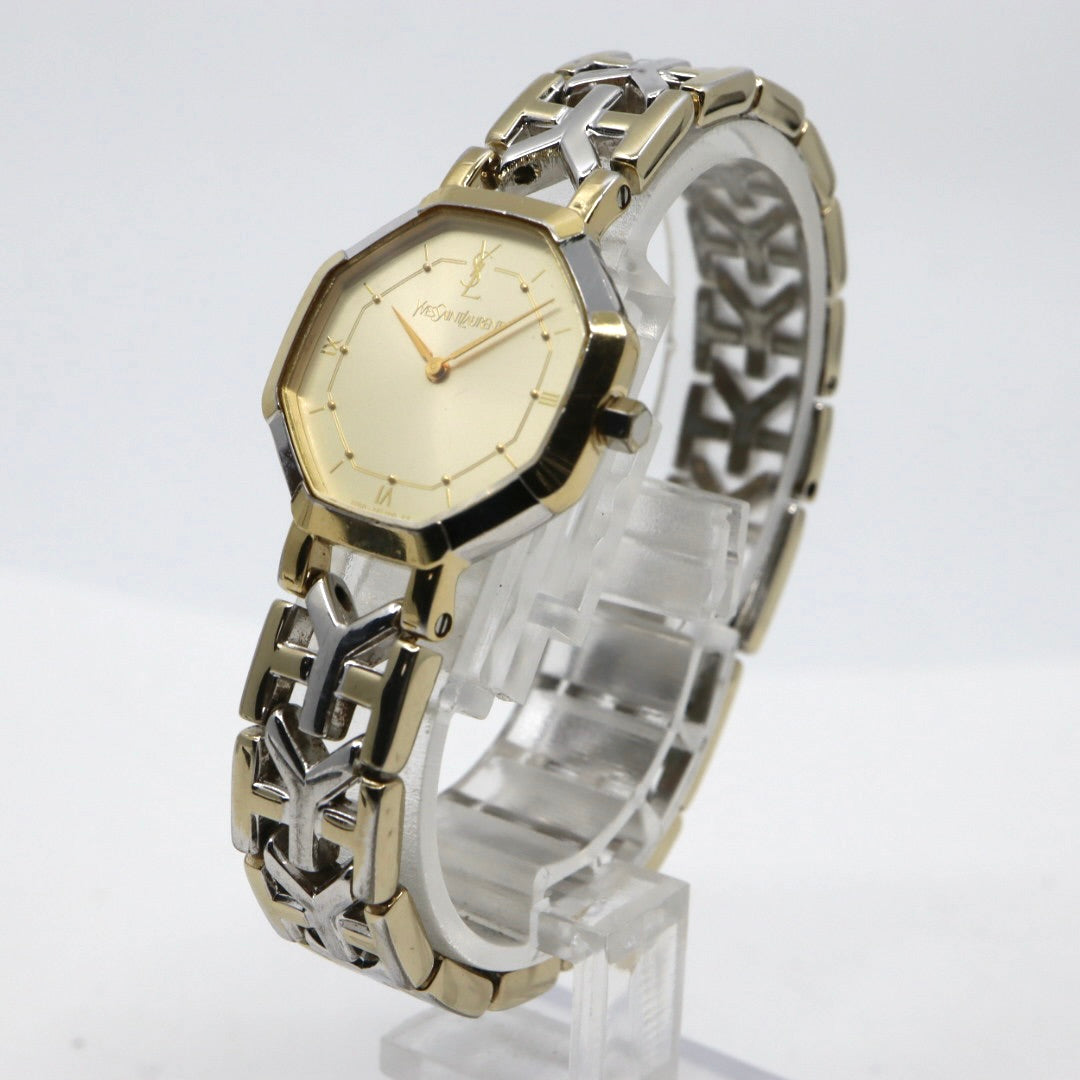 【電池交換済】美品 イヴサンローラン Yves Saint Laurent オクタゴン 2200-241762 レディース 腕時計 クォーツ コンビ ゴールド シルバー YSLロゴベルト 八角形 ビンテージ レトロ クラシック ドレスウォッチ 上品 G7