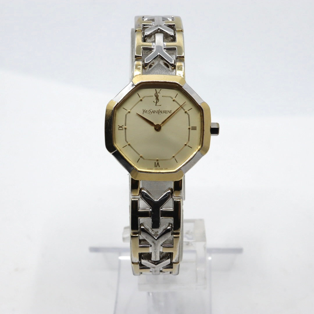 【電池交換済】美品 イヴサンローラン Yves Saint Laurent オクタゴン 2200-241762 レディース 腕時計 クォーツ コンビ ゴールド シルバー YSLロゴベルト 八角形 ビンテージ レトロ クラシック ドレスウォッチ 上品 G7