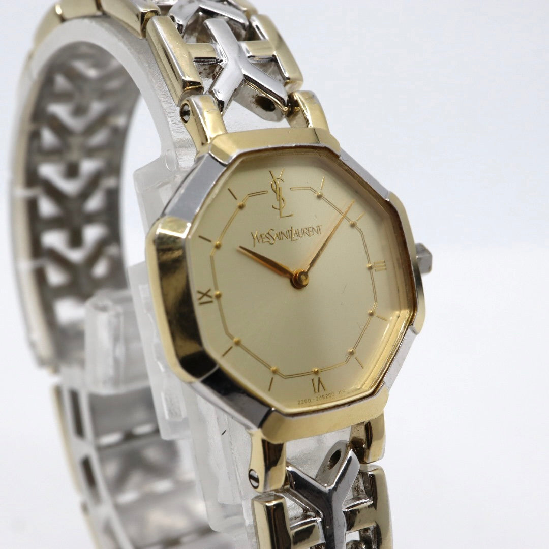 【電池交換済】美品 イヴサンローラン Yves Saint Laurent オクタゴン 2200-241762 レディース 腕時計 クォーツ コンビ ゴールド シルバー YSLロゴベルト 八角形 ビンテージ レトロ クラシック ドレスウォッチ 上品 G7