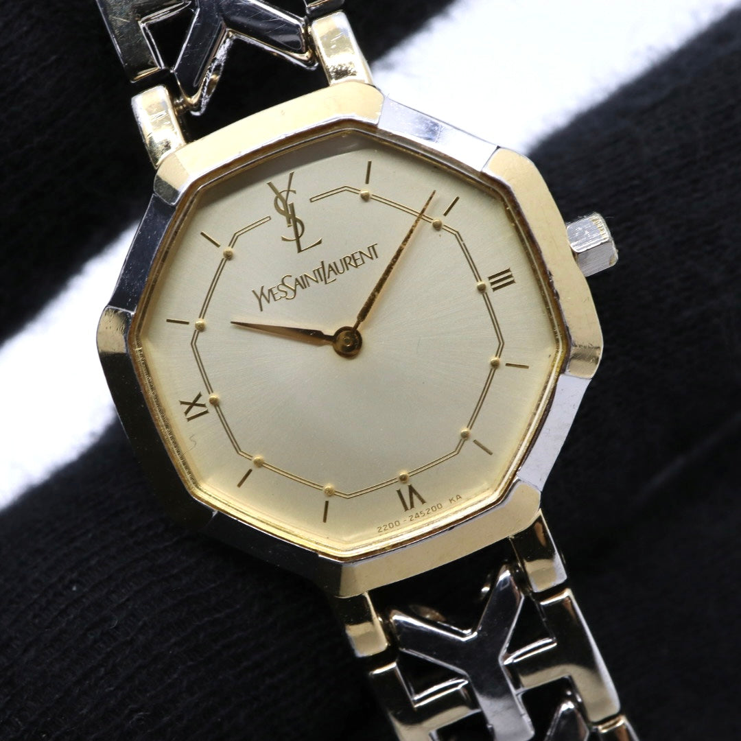 【電池交換済】美品 イヴサンローラン Yves Saint Laurent オクタゴン 2200-241762 レディース 腕時計 クォーツ コンビ ゴールド シルバー YSLロゴベルト 八角形 ビンテージ レトロ クラシック ドレスウォッチ 上品 G7