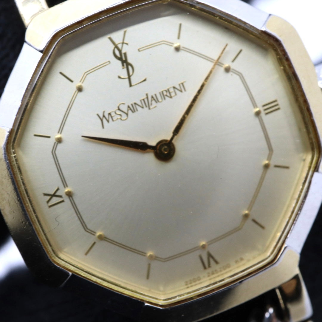 【電池交換済】美品 イヴサンローラン Yves Saint Laurent オクタゴン 2200-241762 レディース 腕時計 クォーツ コンビ ゴールド シルバー YSLロゴベルト 八角形 ビンテージ レトロ クラシック ドレスウォッチ 上品 G7
