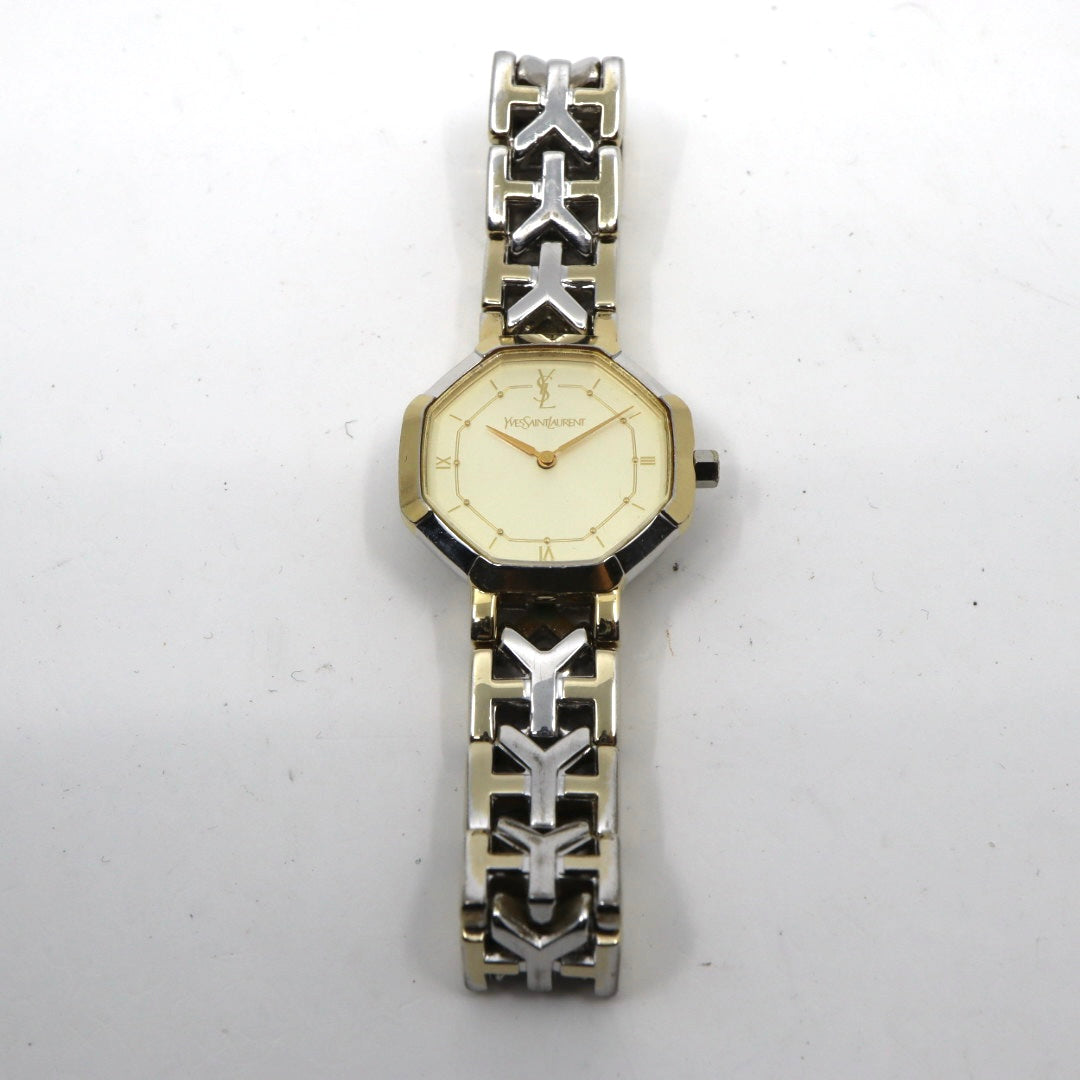 【電池交換済】美品 イヴサンローラン Yves Saint Laurent オクタゴン 2200-241762 レディース 腕時計 クォーツ コンビ ゴールド シルバー YSLロゴベルト 八角形 ビンテージ レトロ クラシック ドレスウォッチ 上品 G7