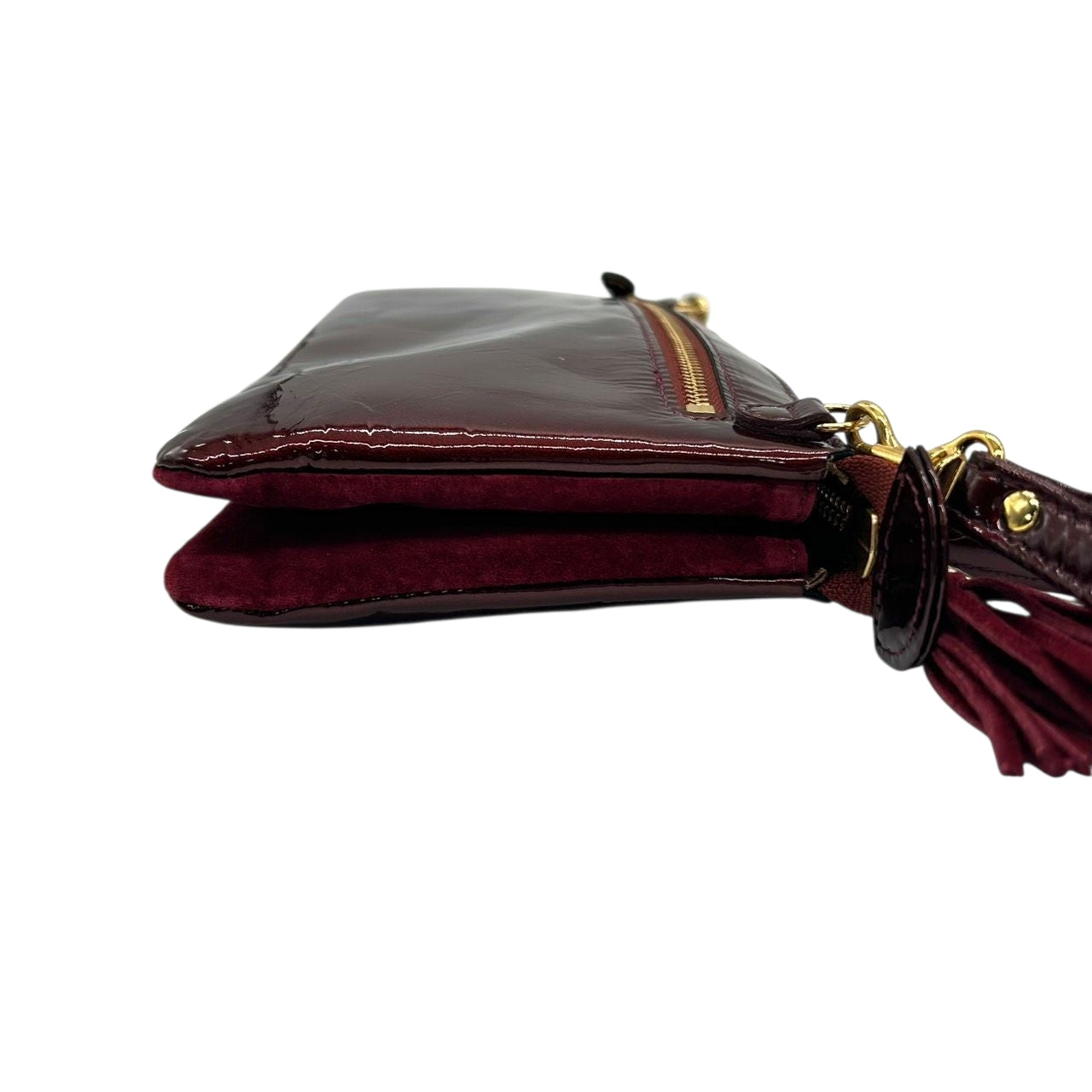 【極美品／未使用級】アタオ オフィスブーブー お財布ポシェット ショルダーバッグ エナメル スウェード ワインレッド ボルドー レディース ATAO 斜め掛け可 タッセル ゴールド金具 ウォレットショルダー 神戸ブランド s30