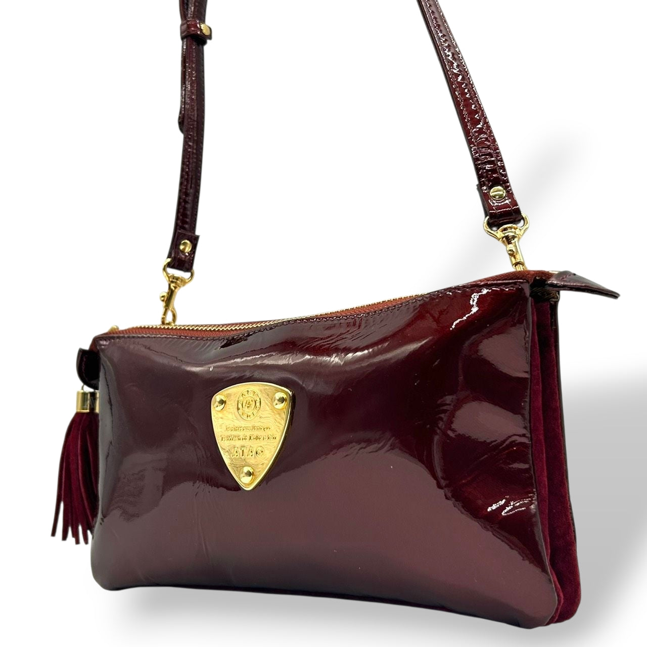 【極美品／未使用級】アタオ オフィスブーブー お財布ポシェット ショルダーバッグ エナメル スウェード ワインレッド ボルドー レディース ATAO 斜め掛け可 タッセル ゴールド金具 ウォレットショルダー 神戸ブランド s30