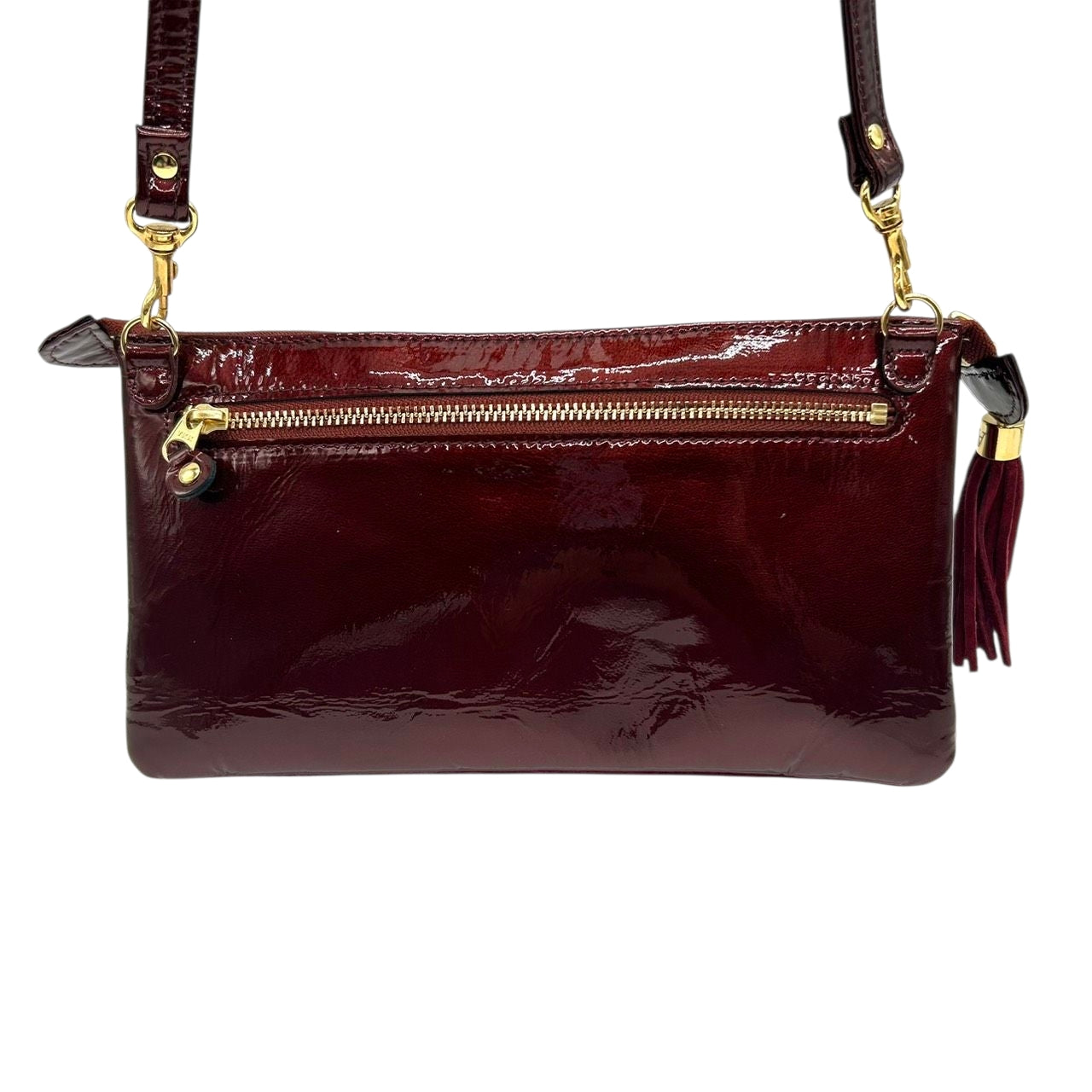 【極美品／未使用級】アタオ オフィスブーブー お財布ポシェット ショルダーバッグ エナメル スウェード ワインレッド ボルドー レディース ATAO 斜め掛け可 タッセル ゴールド金具 ウォレットショルダー 神戸ブランド s30