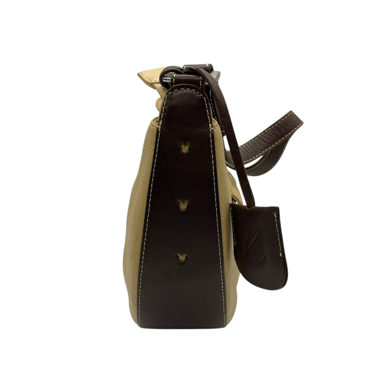 【希少コラボ】キタムラ ディズニー ワンショルダーバッグ レザー バイカラー ベージュ ブラウン レディース 肩掛け Kロゴチャーム 東京ディズニーリゾート限定 Kitamura x Disney ホーボーバッグ 日本製 U1