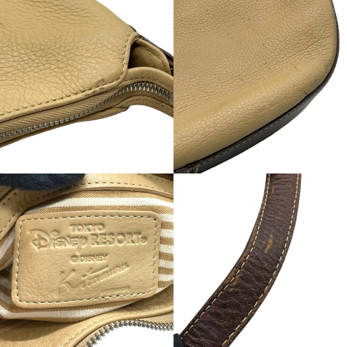 【希少コラボ】キタムラ ディズニー ワンショルダーバッグ レザー バイカラー ベージュ ブラウン レディース 肩掛け Kロゴチャーム 東京ディズニーリゾート限定 Kitamura x Disney ホーボーバッグ 日本製 U1