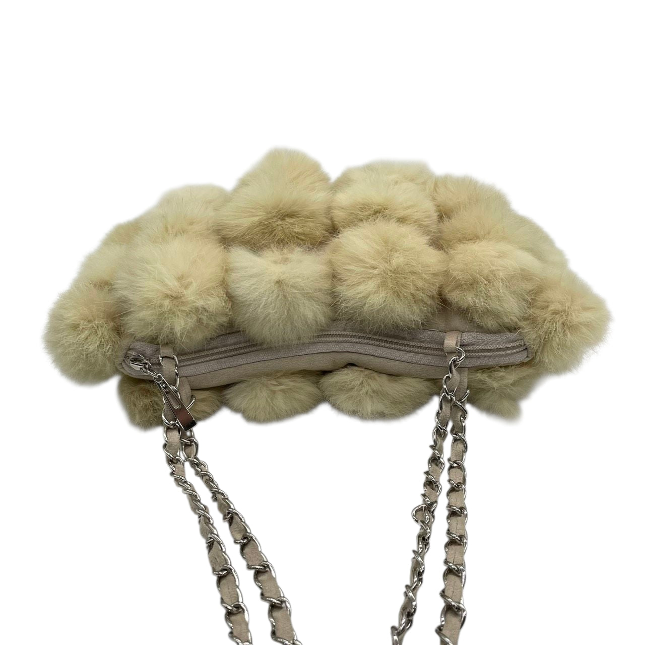 クレージュ ファー チェーンショルダーバッグ ハンドバッグ ポンポン ベージュ レディース courrèges エレガント ゴージャス 秋冬 パーティバッグ ふわふわ もこもこ チェーンストラップ スエード U1