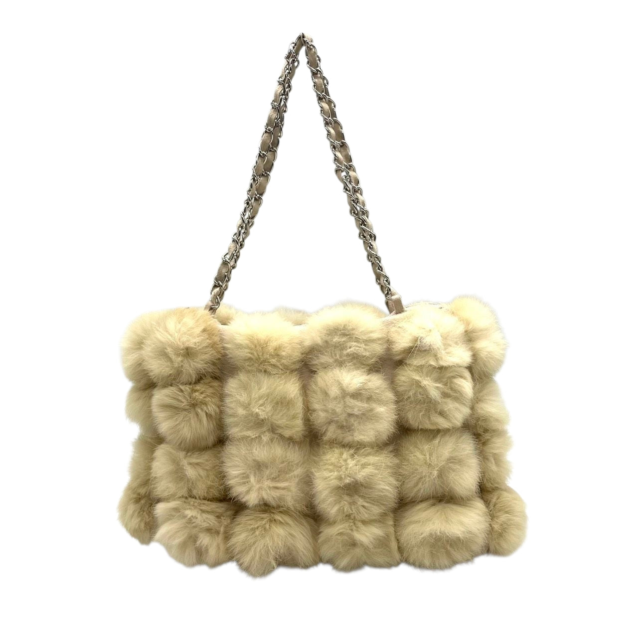 クレージュ ファー チェーンショルダーバッグ ハンドバッグ ポンポン ベージュ レディース courrèges エレガント ゴージャス 秋冬 パーティバッグ ふわふわ もこもこ チェーンストラップ スエード U1