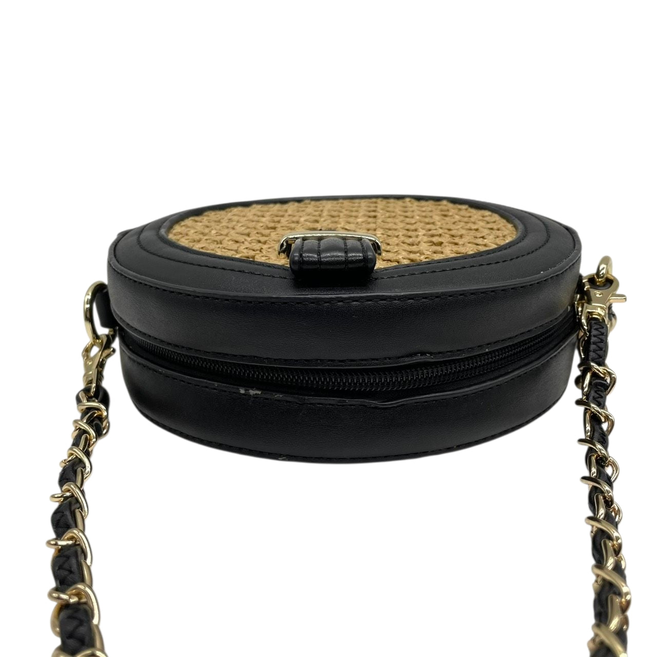 【美品】アルページュストーリー 2WAY チェーンショルダーバッグ ラウンド型 ストロー レザー 黒 レディース Arpege story かごバッグ タッセル 斜め掛け可 サークルバッグ コンパクト エレガント フェミニン U1