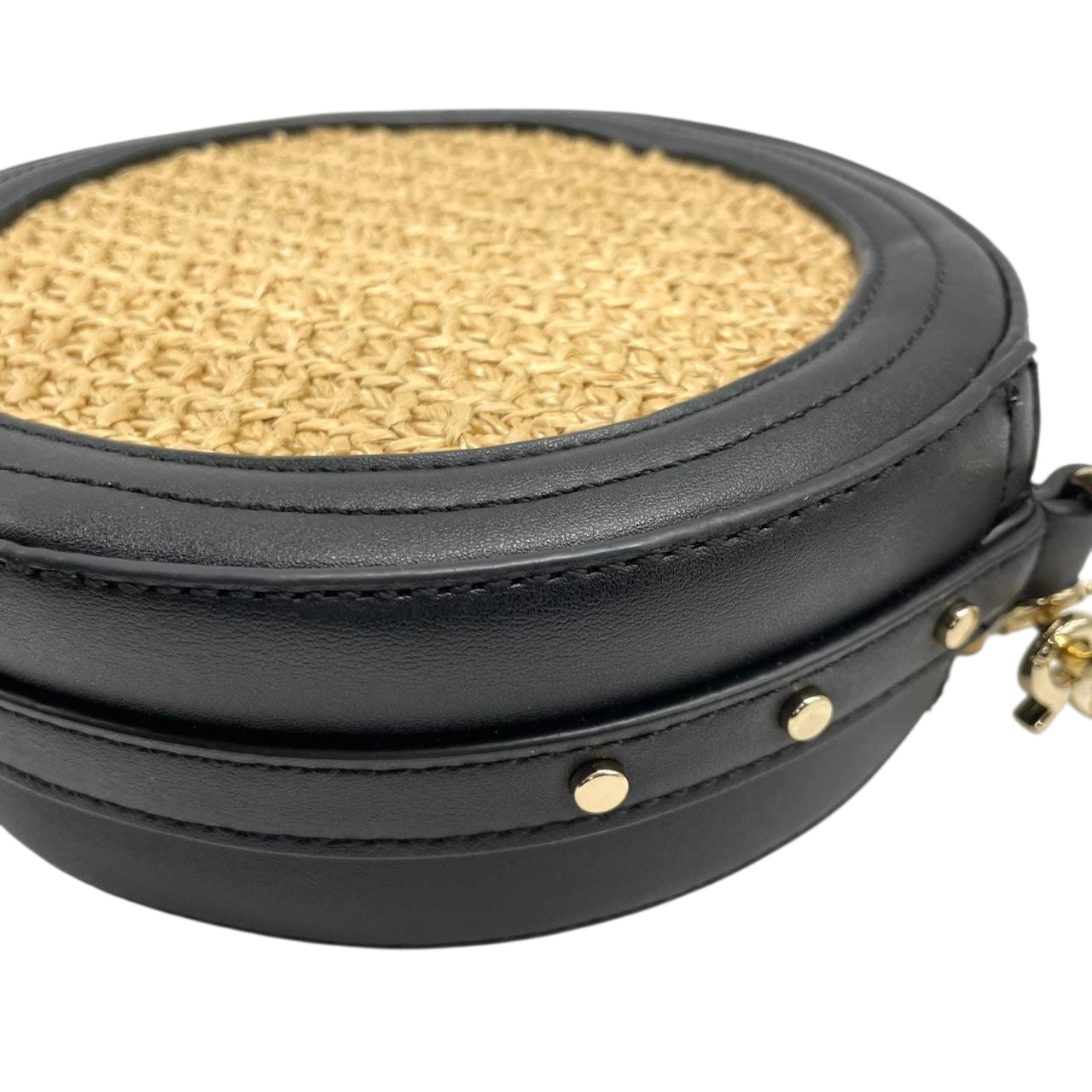 【美品】アルページュストーリー 2WAY チェーンショルダーバッグ ラウンド型 ストロー レザー 黒 レディース Arpege story かごバッグ タッセル 斜め掛け可 サークルバッグ コンパクト エレガント フェミニン U1