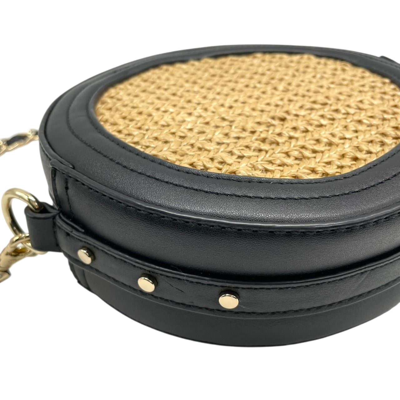 【美品】アルページュストーリー 2WAY チェーンショルダーバッグ ラウンド型 ストロー レザー 黒 レディース Arpege story かごバッグ タッセル 斜め掛け可 サークルバッグ コンパクト エレガント フェミニン U1