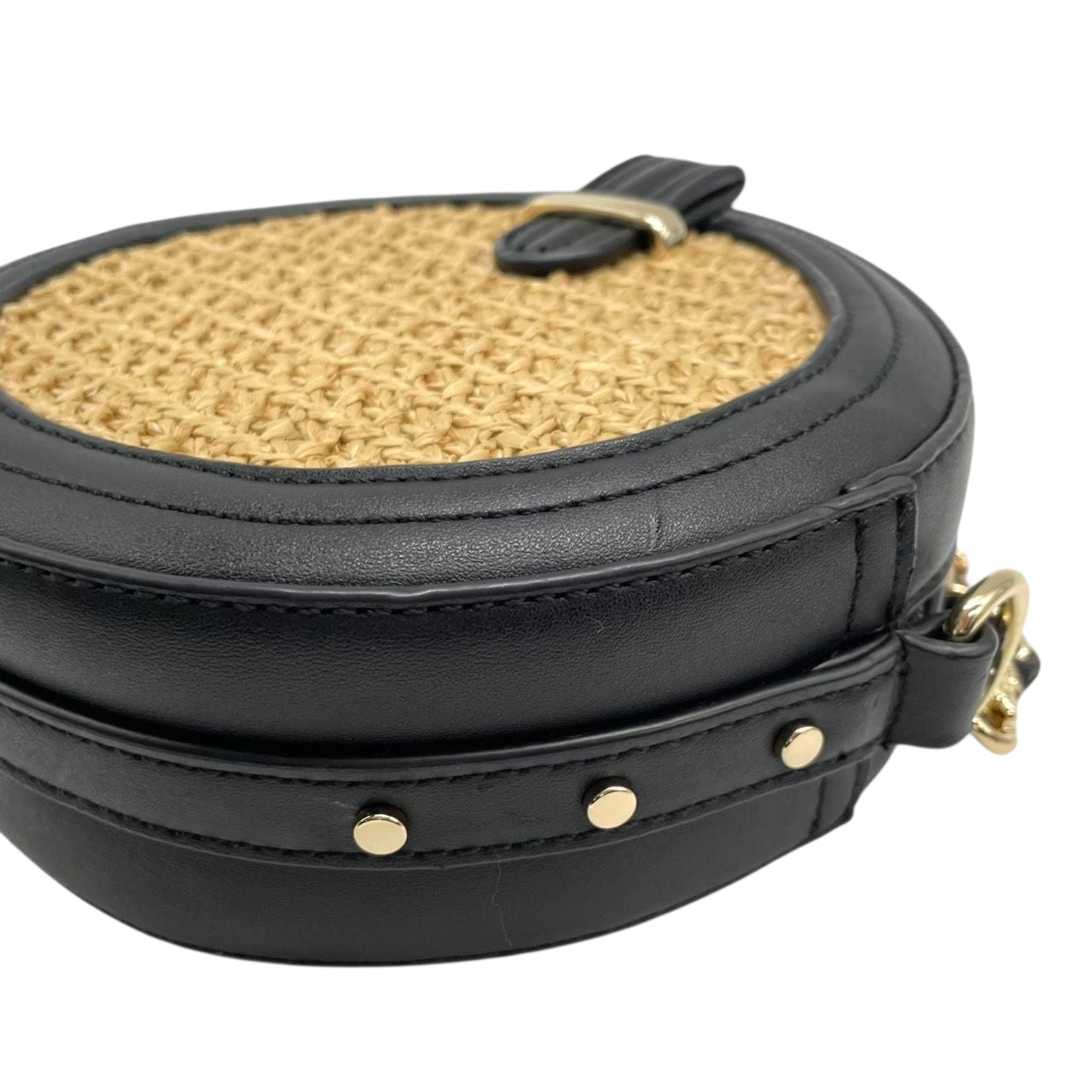 【美品】アルページュストーリー 2WAY チェーンショルダーバッグ ラウンド型 ストロー レザー 黒 レディース Arpege story かごバッグ タッセル 斜め掛け可 サークルバッグ コンパクト エレガント フェミニン U1