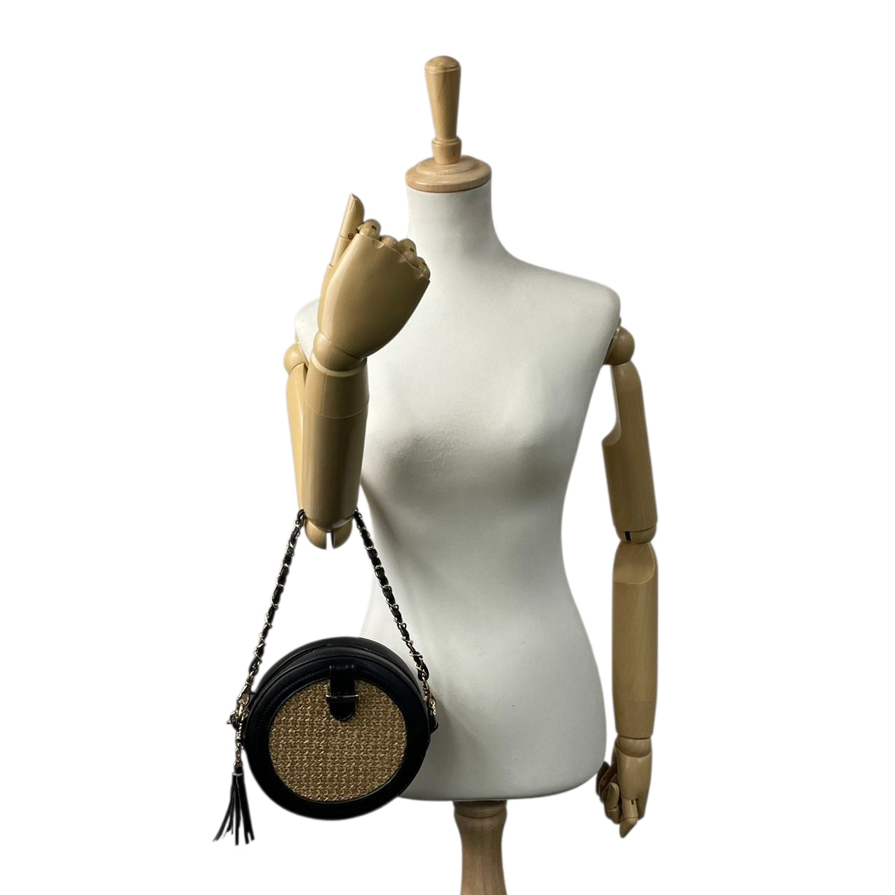 【美品】アルページュストーリー 2WAY チェーンショルダーバッグ ラウンド型 ストロー レザー 黒 レディース Arpege story かごバッグ タッセル 斜め掛け可 サークルバッグ コンパクト エレガント フェミニン U1