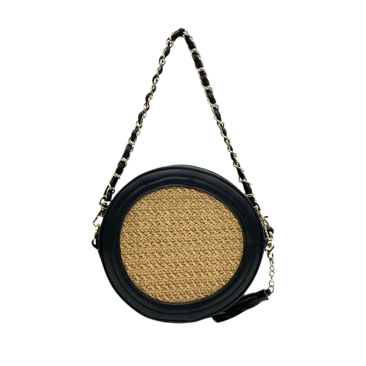 【美品】アルページュストーリー 2WAY チェーンショルダーバッグ ラウンド型 ストロー レザー 黒 レディース Arpege story かごバッグ タッセル 斜め掛け可 サークルバッグ コンパクト エレガント フェミニン U1