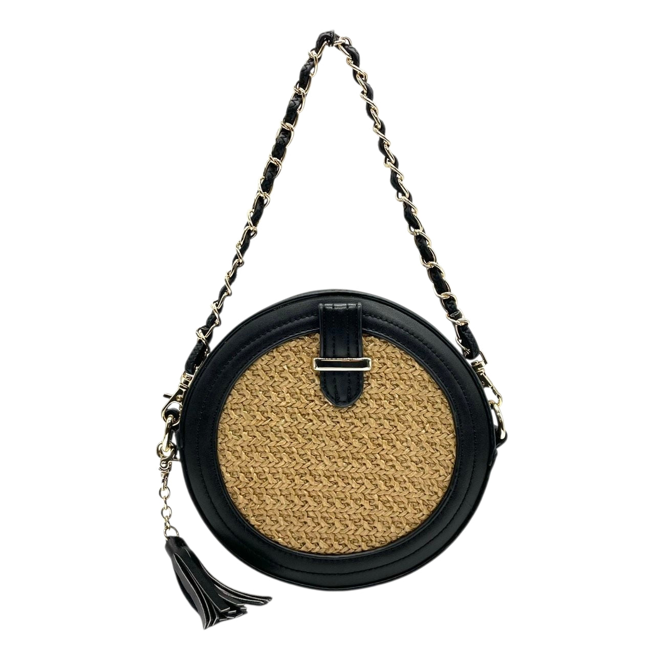 【美品】アルページュストーリー 2WAY チェーンショルダーバッグ ラウンド型 ストロー レザー 黒 レディース Arpege story かごバッグ タッセル 斜め掛け可 サークルバッグ コンパクト エレガント フェミニン U1