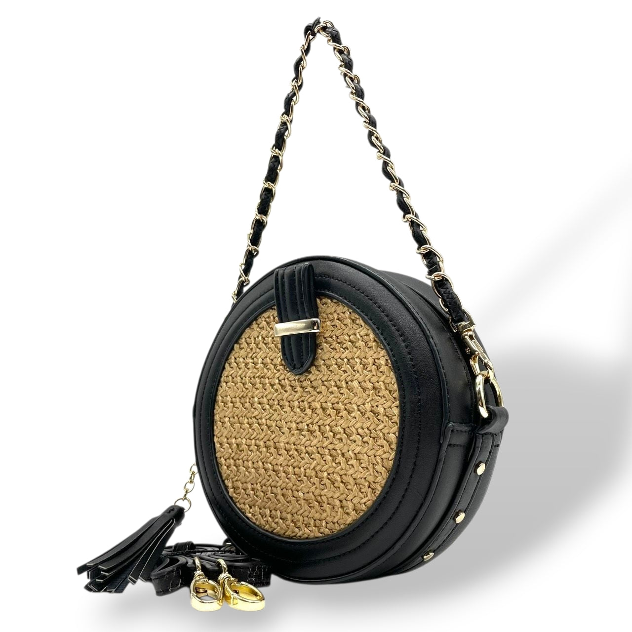 【美品】アルページュストーリー 2WAY チェーンショルダーバッグ ラウンド型 ストロー レザー 黒 レディース Arpege story かごバッグ タッセル 斜め掛け可 サークルバッグ コンパクト エレガント フェミニン U1