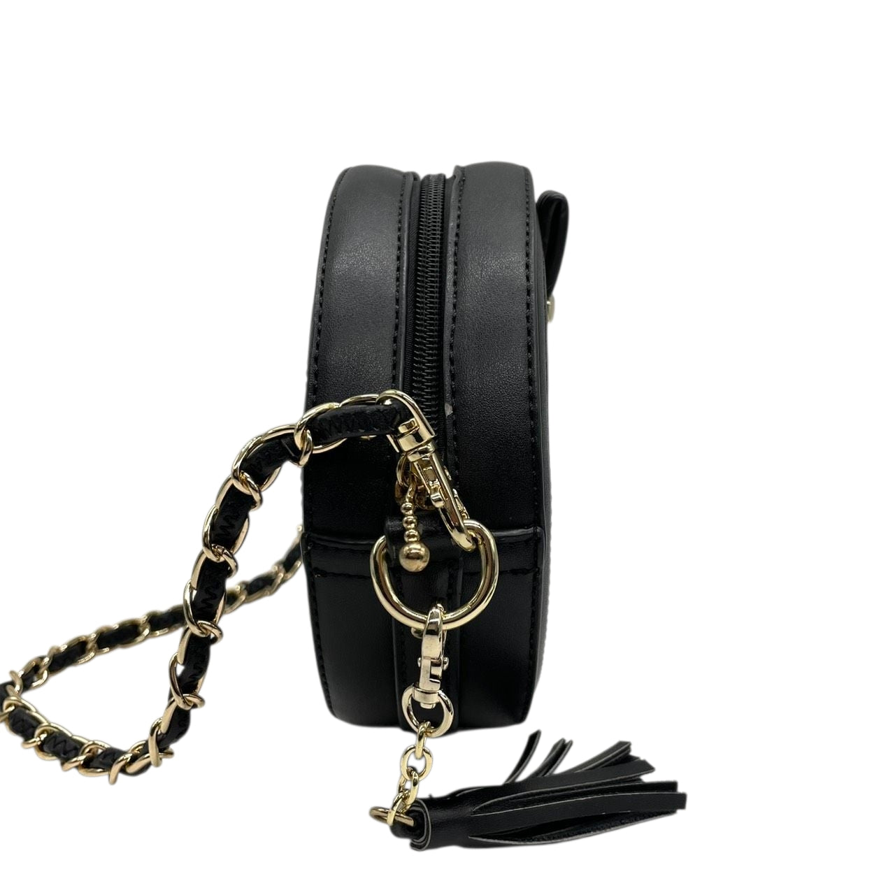 【美品】アルページュストーリー 2WAY チェーンショルダーバッグ ラウンド型 ストロー レザー 黒 レディース Arpege story かごバッグ タッセル 斜め掛け可 サークルバッグ コンパクト エレガント フェミニン U1