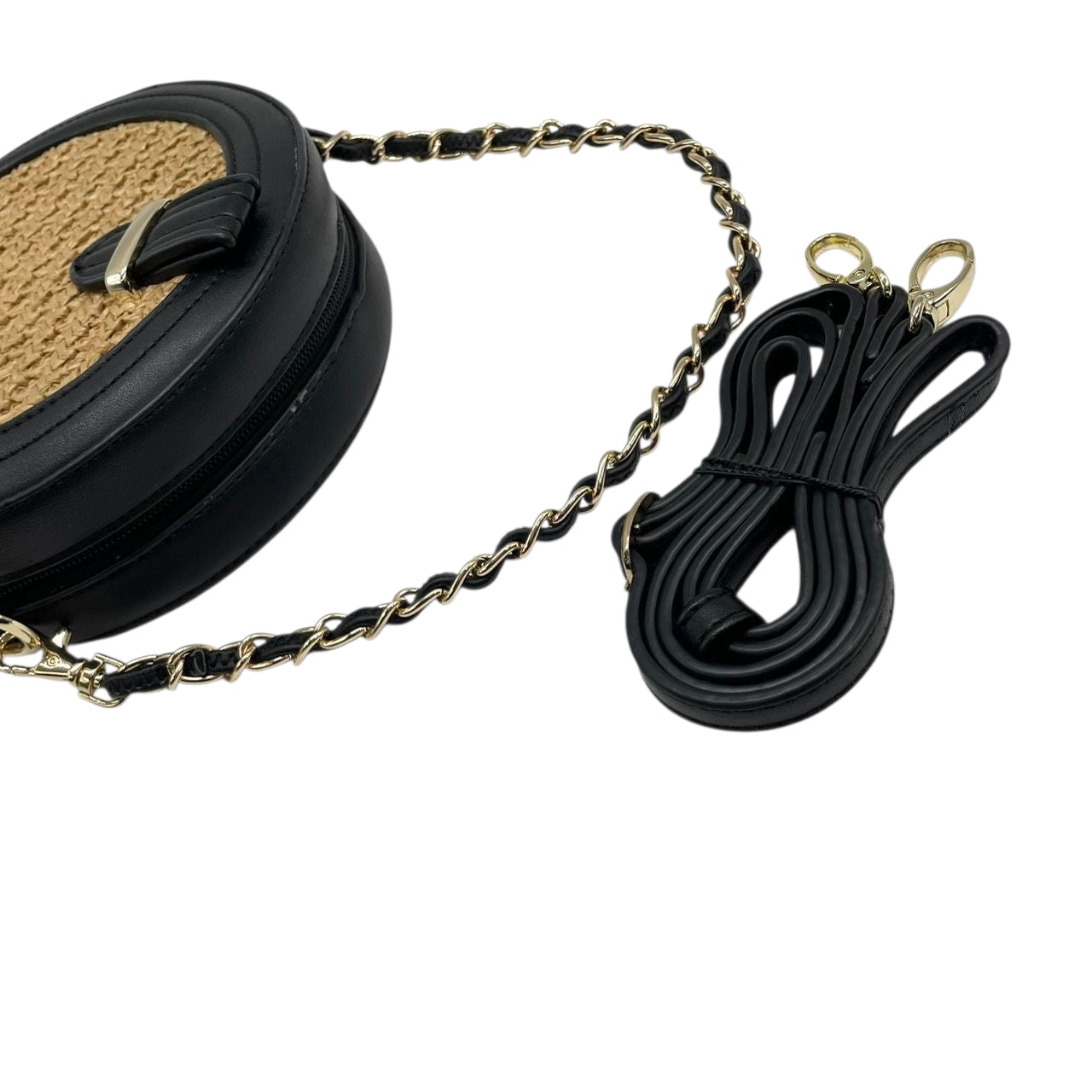 【美品】アルページュストーリー 2WAY チェーンショルダーバッグ ラウンド型 ストロー レザー 黒 レディース Arpege story かごバッグ タッセル 斜め掛け可 サークルバッグ コンパクト エレガント フェミニン U1