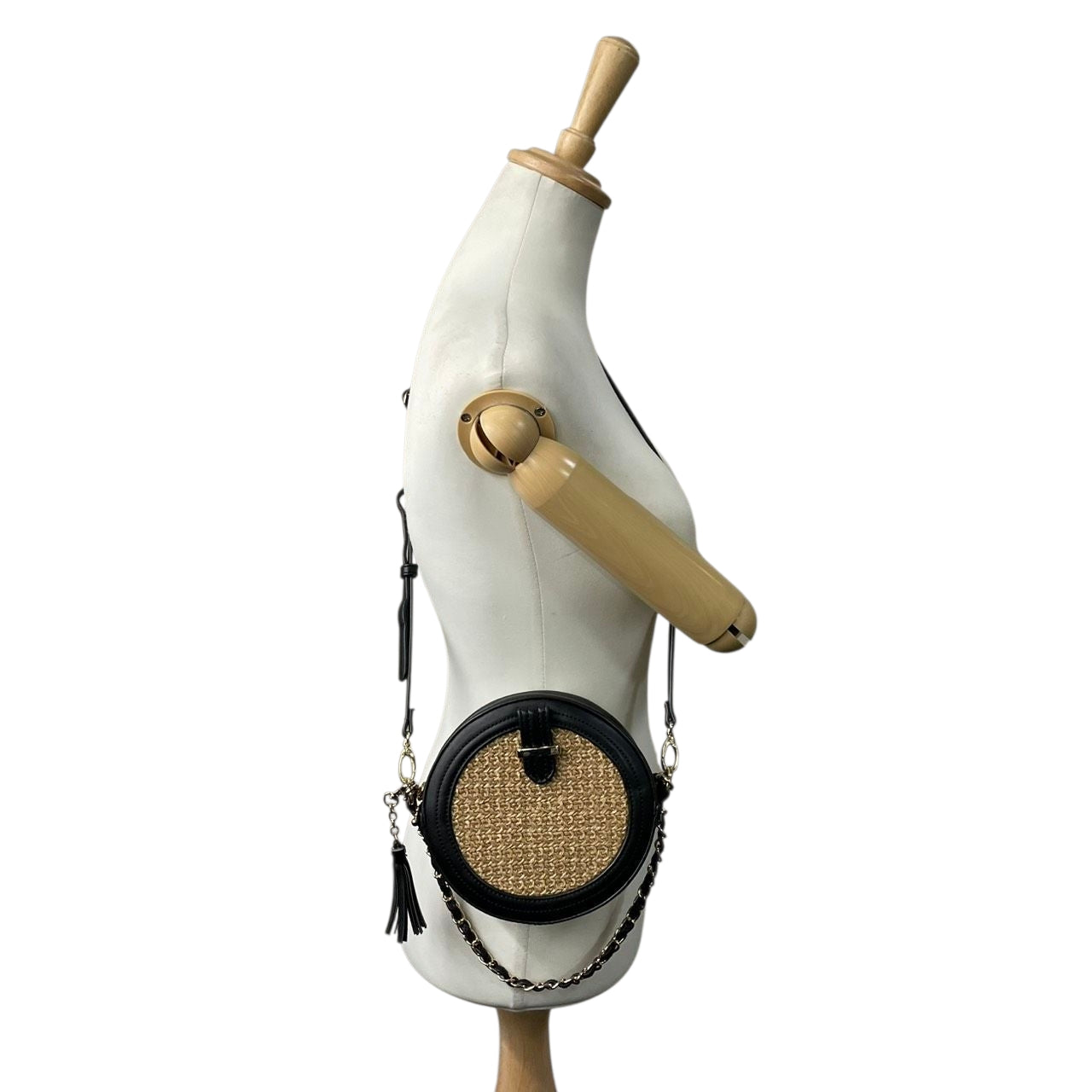 【美品】アルページュストーリー 2WAY チェーンショルダーバッグ ラウンド型 ストロー レザー 黒 レディース Arpege story かごバッグ タッセル 斜め掛け可 サークルバッグ コンパクト エレガント フェミニン U1