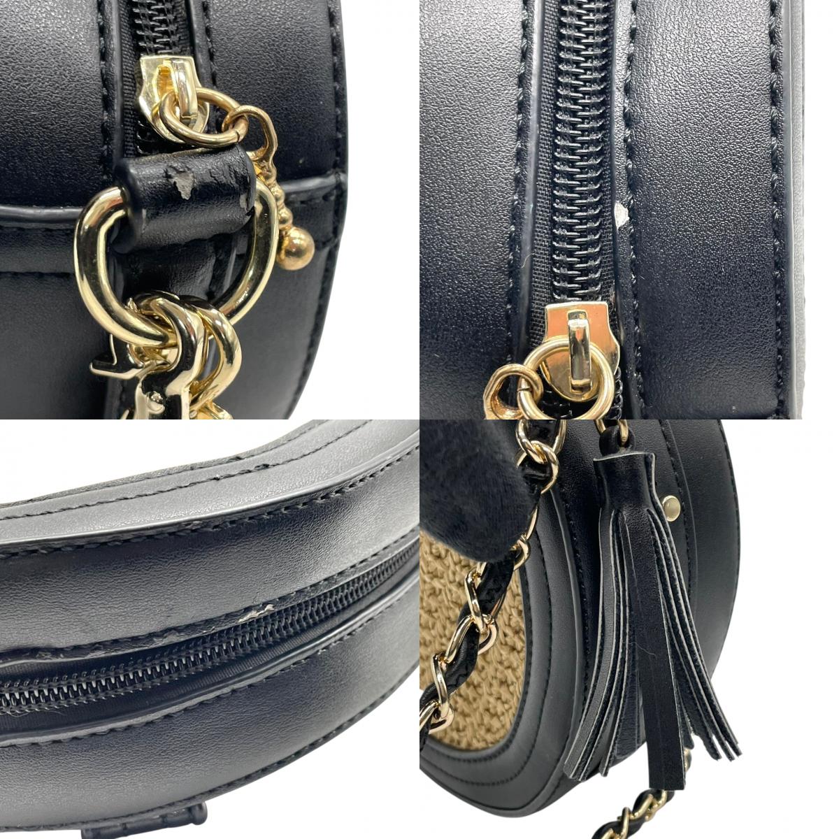 【美品】アルページュストーリー 2WAY チェーンショルダーバッグ ラウンド型 ストロー レザー 黒 レディース Arpege story かごバッグ タッセル 斜め掛け可 サークルバッグ コンパクト エレガント フェミニン U1