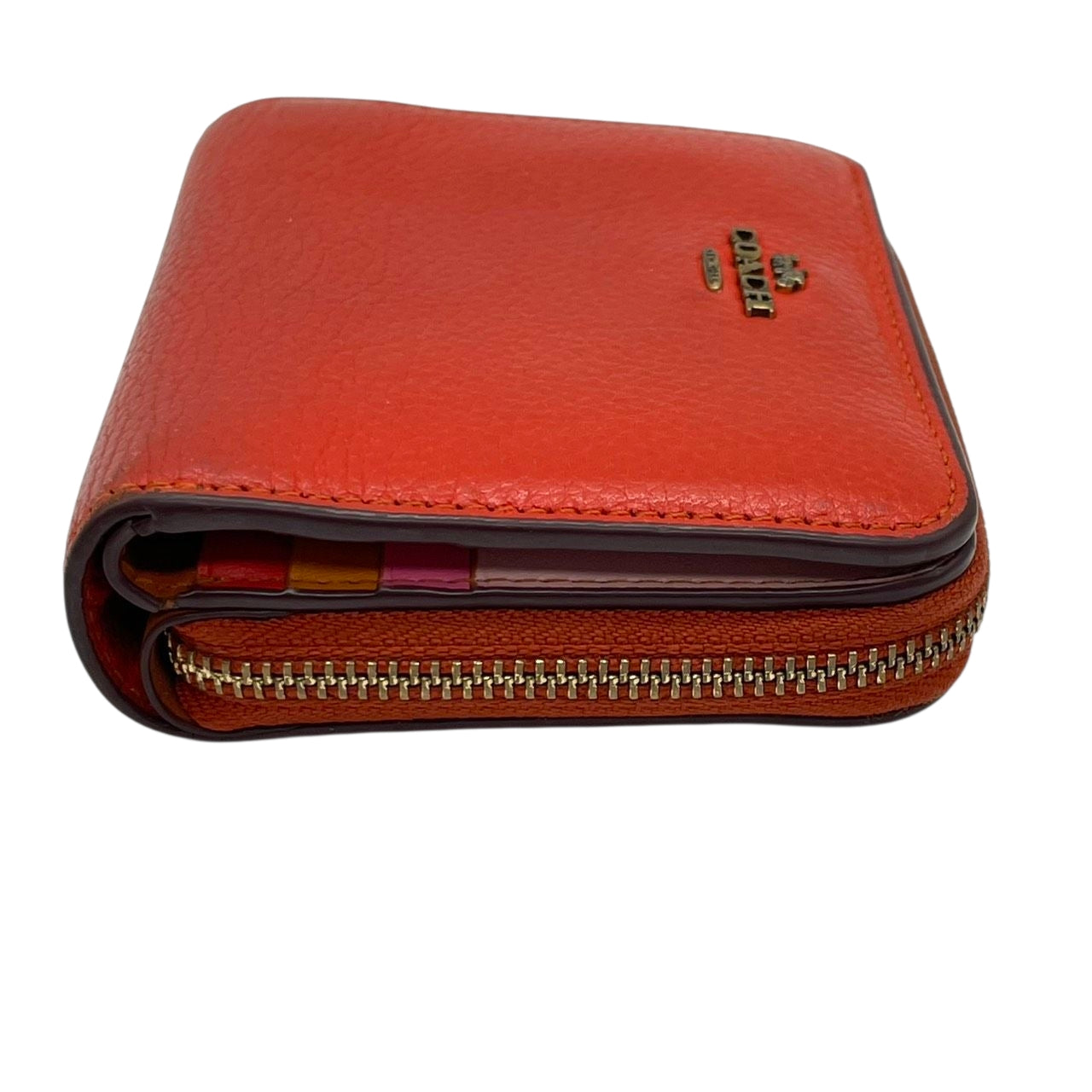 コーチ COACH 二つ折り財布 コンパクトウォレット ラウンドファスナー ジップアラウンド レザー 本革 オレンジ ゴールド金具 レディース ロゴ 馬車 エレガント クラシック m2