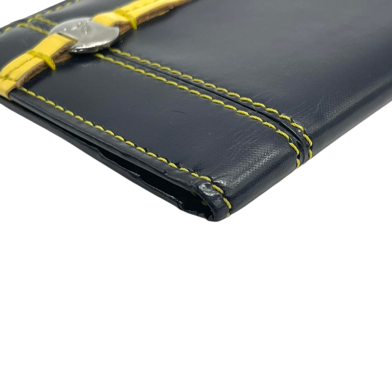 美品 agnes b. VOYAGE アニエスベーボヤージュ カードケース 名刺入れ 定期入れ パスケース ネイビー イエロー バイカラー PVC レザー ロゴ金具 コンパクト スリム メンズ レディース ユニセックス スタイリッシュ ビジネス m2