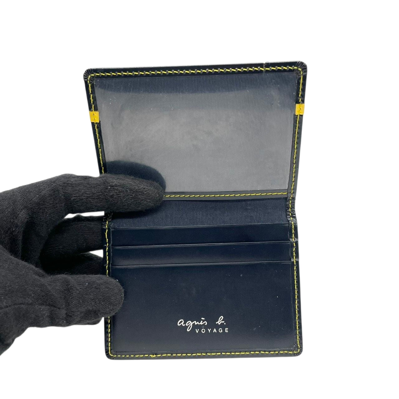 美品 agnes b. VOYAGE アニエスベーボヤージュ カードケース 名刺入れ 定期入れ パスケース ネイビー イエロー バイカラー PVC レザー ロゴ金具 コンパクト スリム メンズ レディース ユニセックス スタイリッシュ ビジネス m2