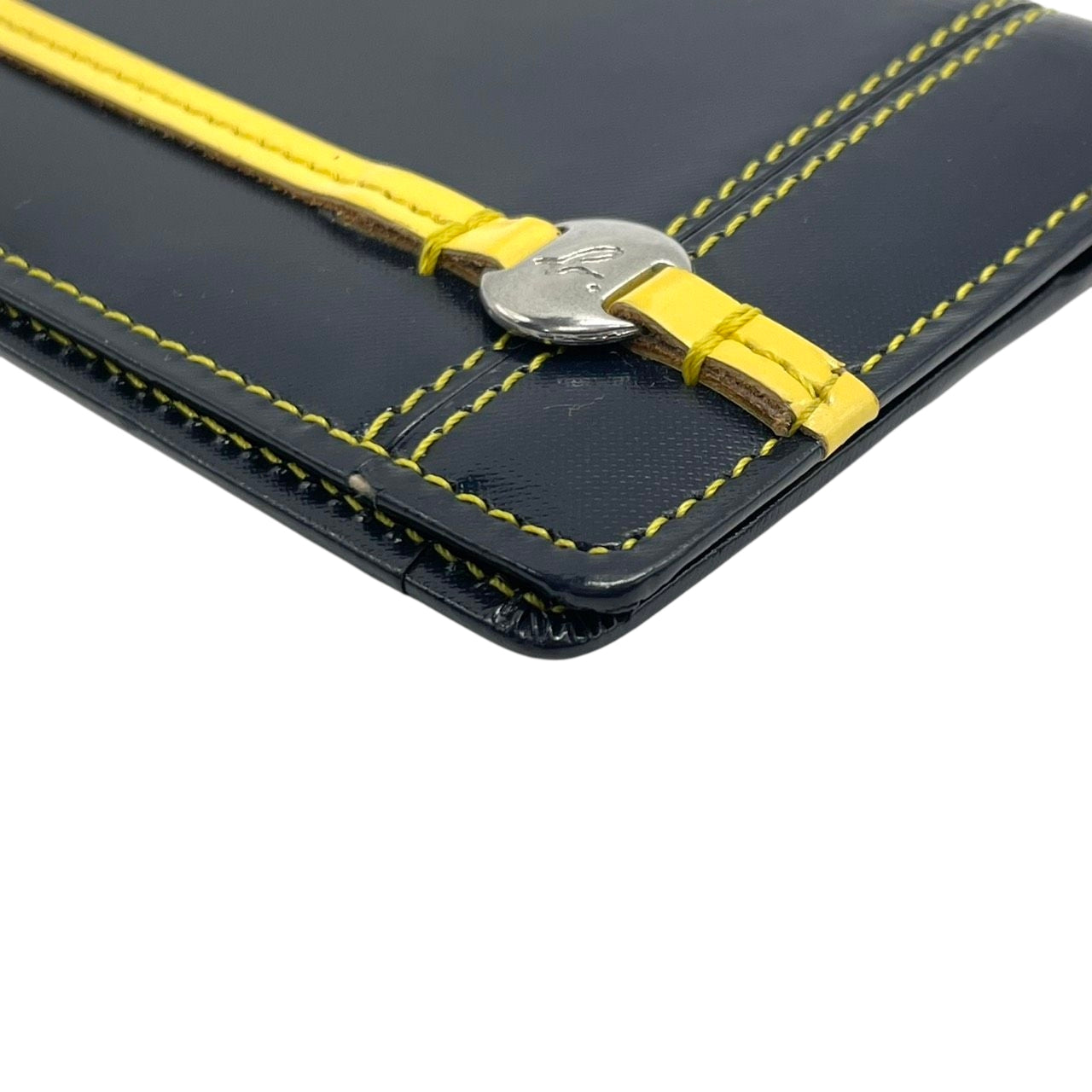 美品 agnes b. VOYAGE アニエスベーボヤージュ カードケース 名刺入れ 定期入れ パスケース ネイビー イエロー バイカラー PVC レザー ロゴ金具 コンパクト スリム メンズ レディース ユニセックス スタイリッシュ ビジネス m2