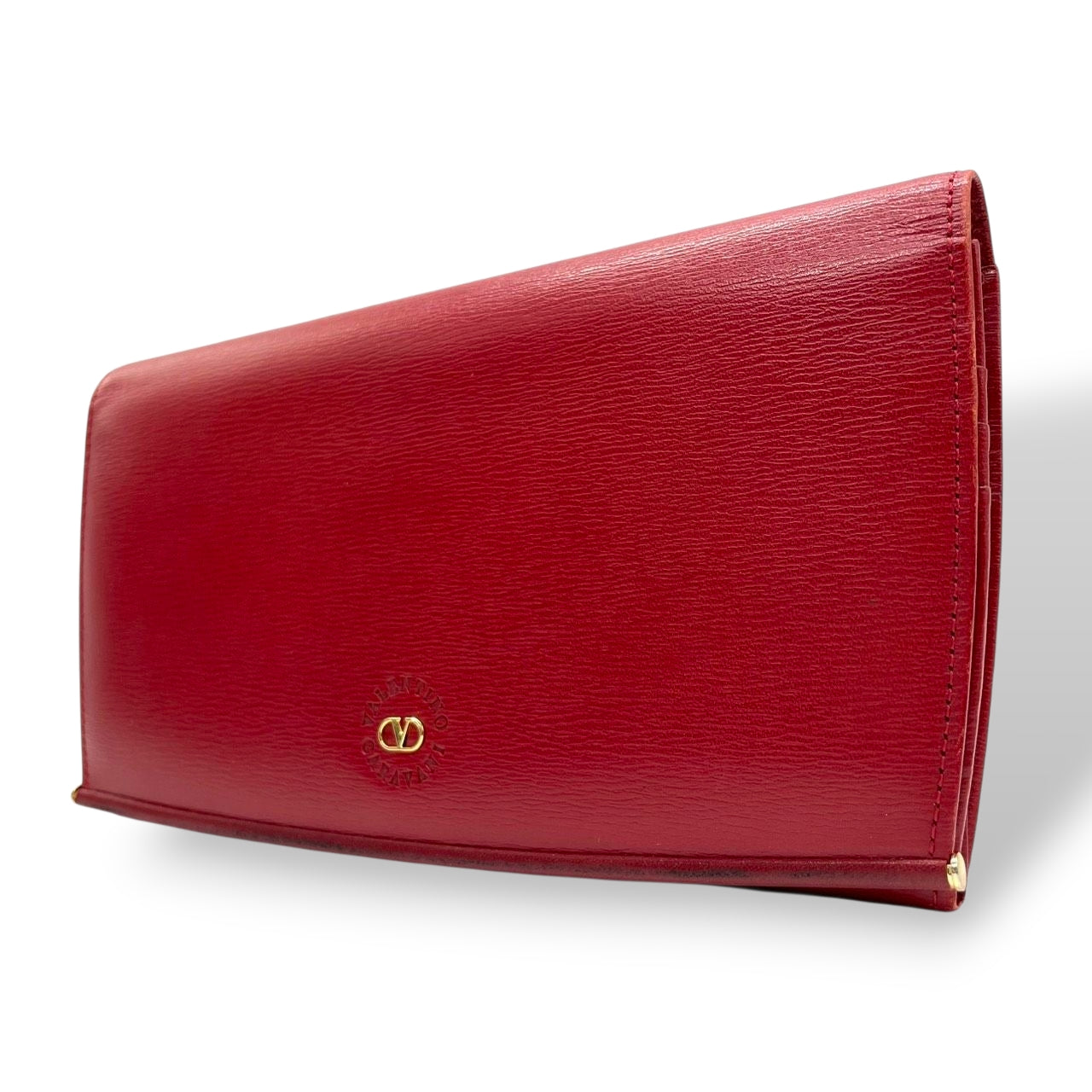 美品 VALENTINO GARAVANI ヴァレンティノガラヴァーニ 長財布 二つ折り ウォレット フラップ かぶせ Vロゴ ゴールド金具 レザー 本革 レッド 赤 レディース エレガント クラシック 高級 m2