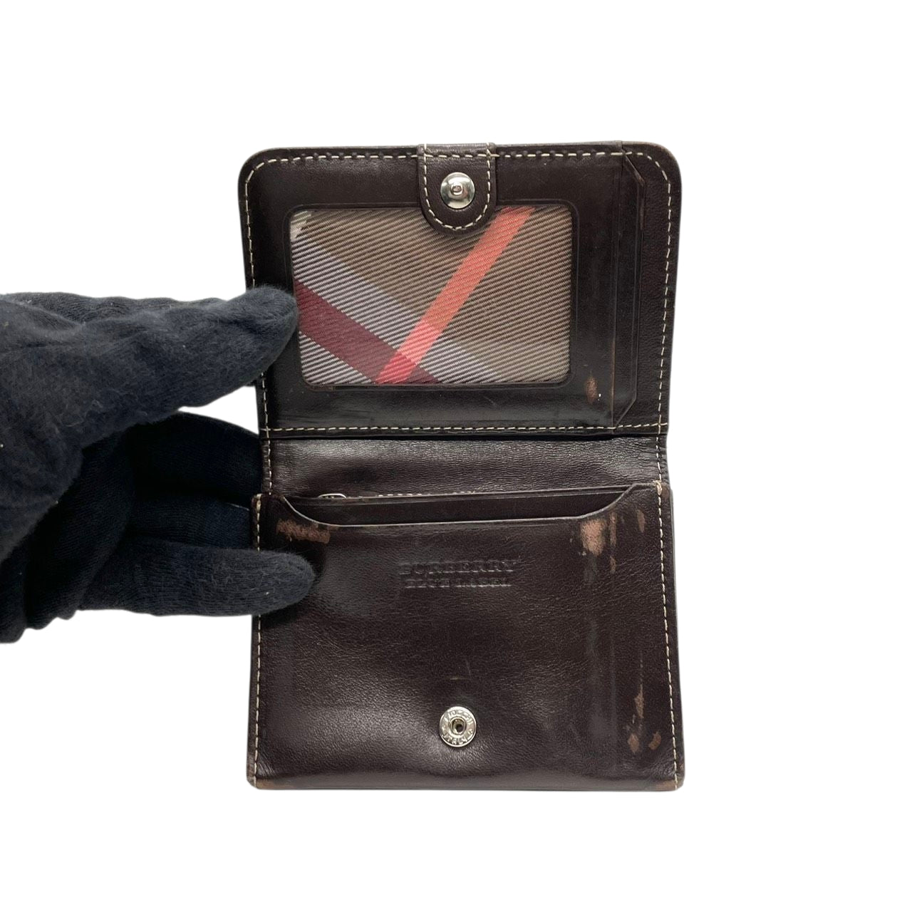 BURBERRY BLUE LABEL バーバリーブルーレーベル 三つ折り財布 コンパクトウォレット チェック柄 プレートロゴ シルバー金具 ナイロン レザー ブラウン マルチカラー レディース クラシック m2