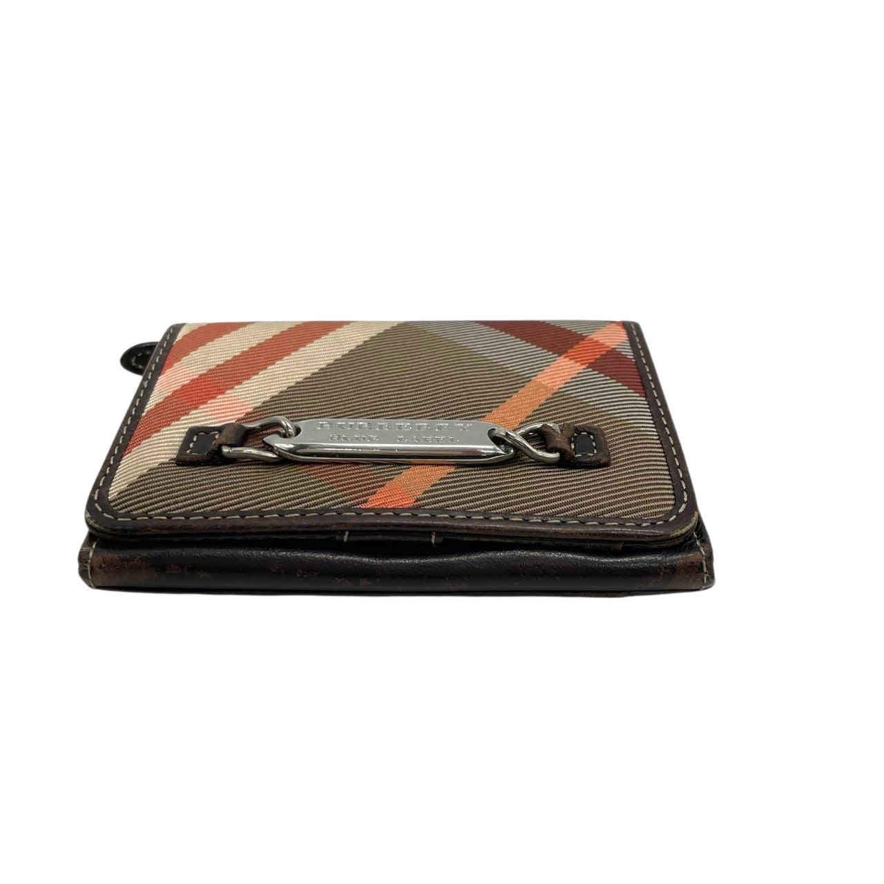 BURBERRY BLUE LABEL バーバリーブルーレーベル 三つ折り財布 コンパクトウォレット チェック柄 プレートロゴ シルバー金具 ナイロン レザー ブラウン マルチカラー レディース クラシック m2