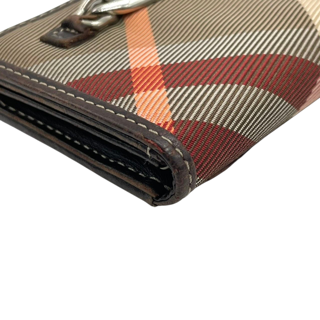 BURBERRY BLUE LABEL バーバリーブルーレーベル 三つ折り財布 コンパクトウォレット チェック柄 プレートロゴ シルバー金具 ナイロン レザー ブラウン マルチカラー レディース クラシック m2