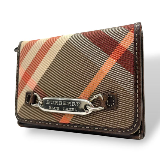 BURBERRY BLUE LABEL バーバリーブルーレーベル 三つ折り財布 コンパクトウォレット チェック柄 プレートロゴ シルバー金具 ナイロン レザー ブラウン マルチカラー レディース クラシック m2