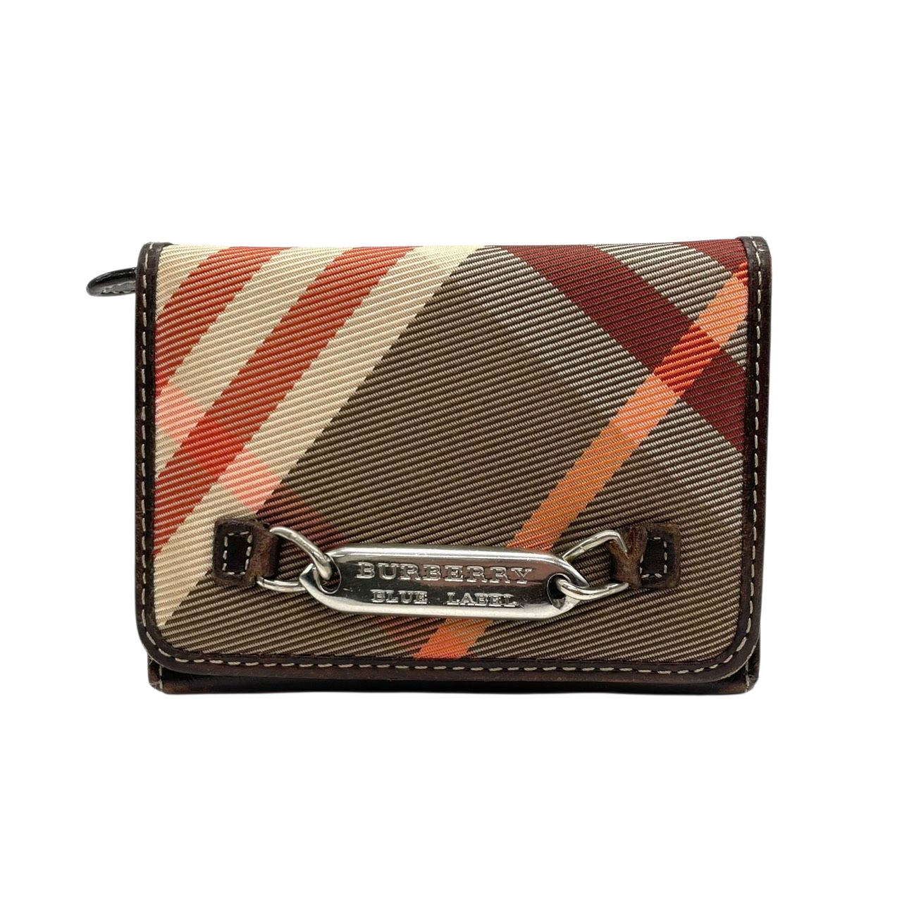 BURBERRY BLUE LABEL バーバリーブルーレーベル 三つ折り財布 コンパクトウォレット チェック柄 プレートロゴ シルバー金具 ナイロン レザー ブラウン マルチカラー レディース クラシック m2